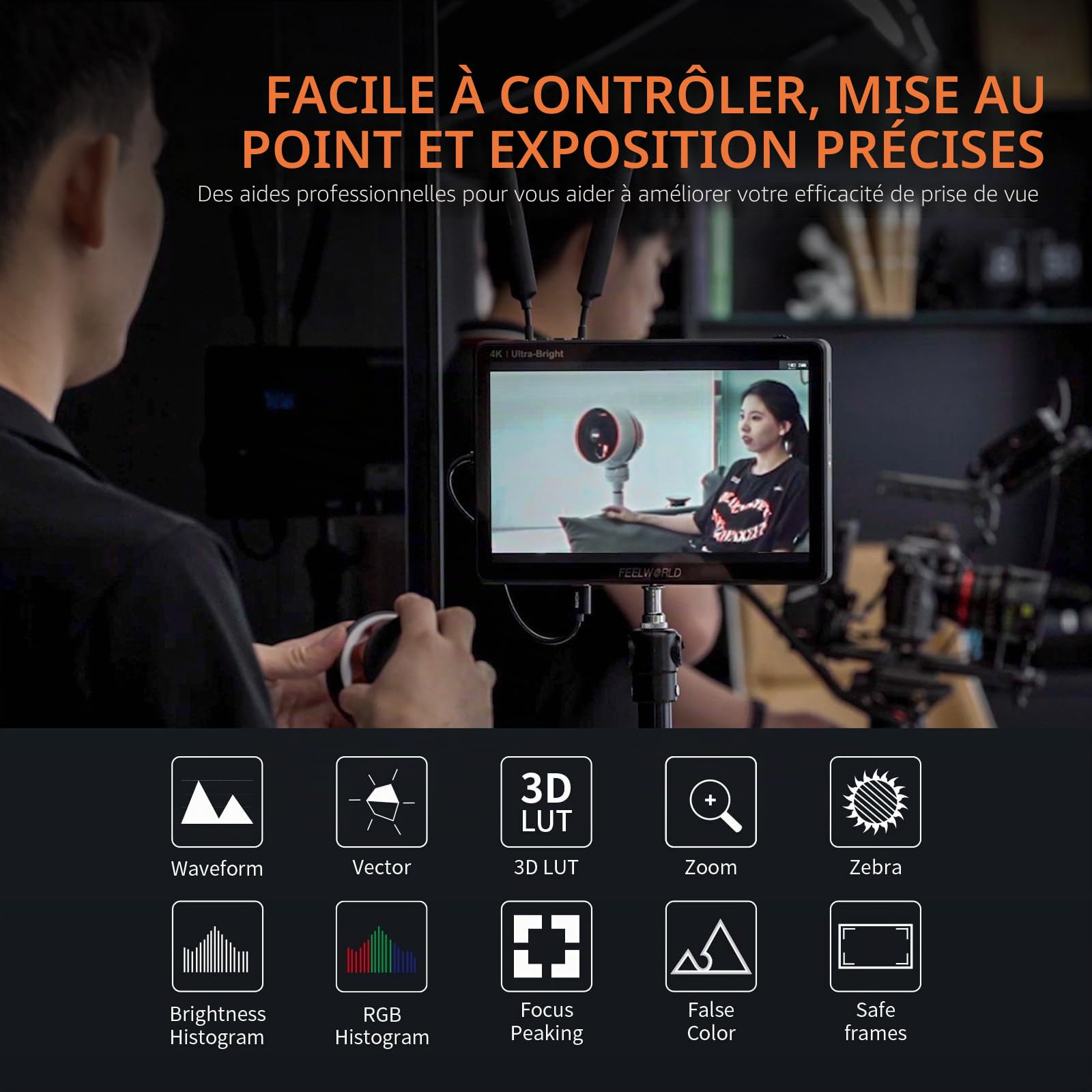 FEELWORLD LUT11H Moniteur d'appareil photo reflex numérique ultra lumineux de 10,1 pouces 2000 nit avec écran tactile forme d'onde LUT F970 Kit d'installation et d'alimentation HDMI entrée sortie