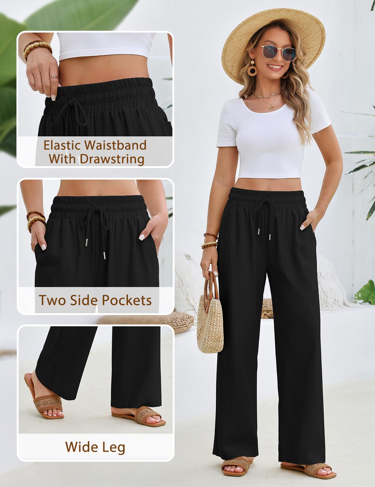 Pantalon Lin Femme Pantalon Large Été Elastique Taille Haute Pantalon Fluide Ample Décontractée Palazzo Pants Plage Pantalons Elegant avec Poches