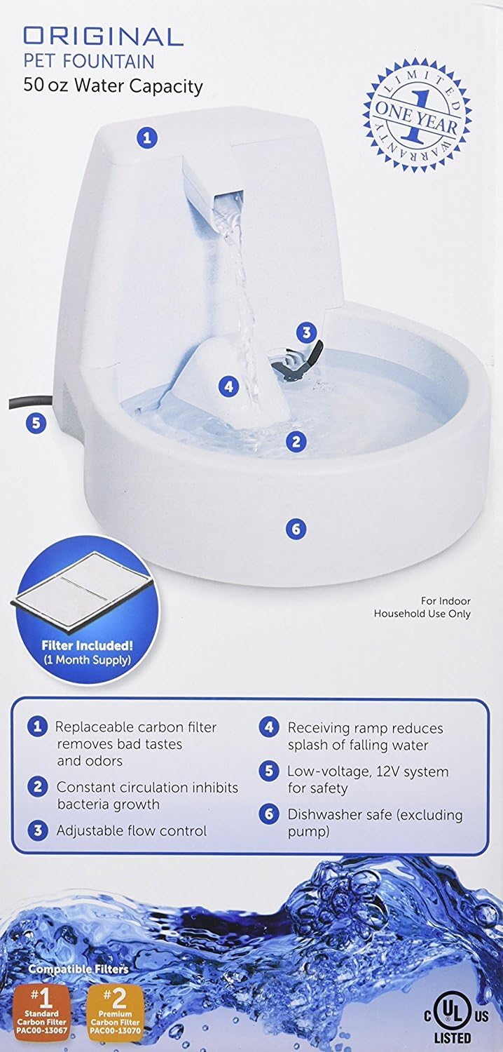 The PetSafe Drinkwell Original Automatic Cat Water Fountain or Dog Water Dispenser - 50 oz Capacity of Fresh, Filtered Water - Pet Fountain with Filter Included : Pet Self Waterers : Pet Supplies