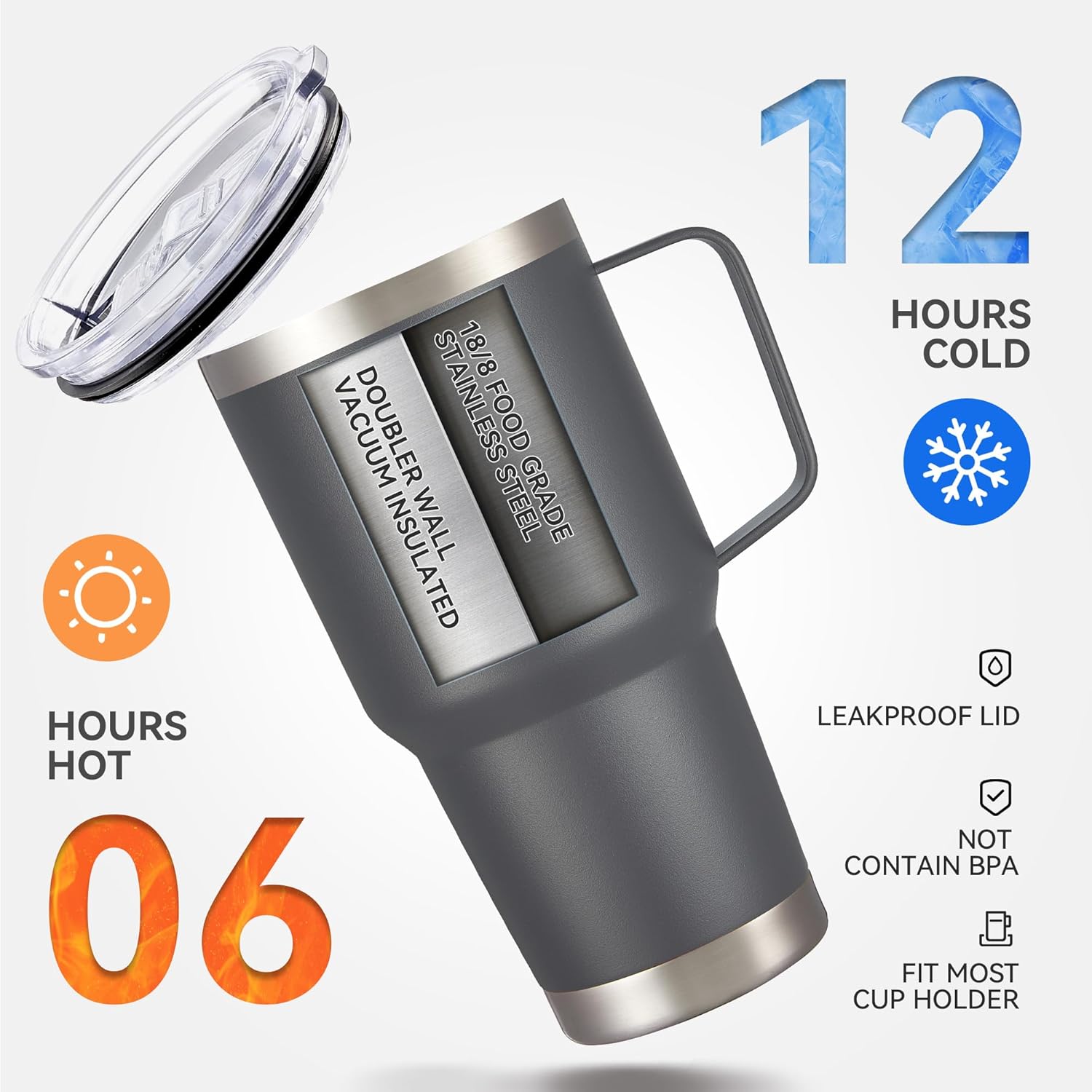30 oz Tumbler with Handle and Lid, Stainless Steel Tumblers Double Wall Vacuum Insulated Travel Mug Leak Proof Cup Keep Drinks Cold and Hot Grey, 1 Pack - Image 6