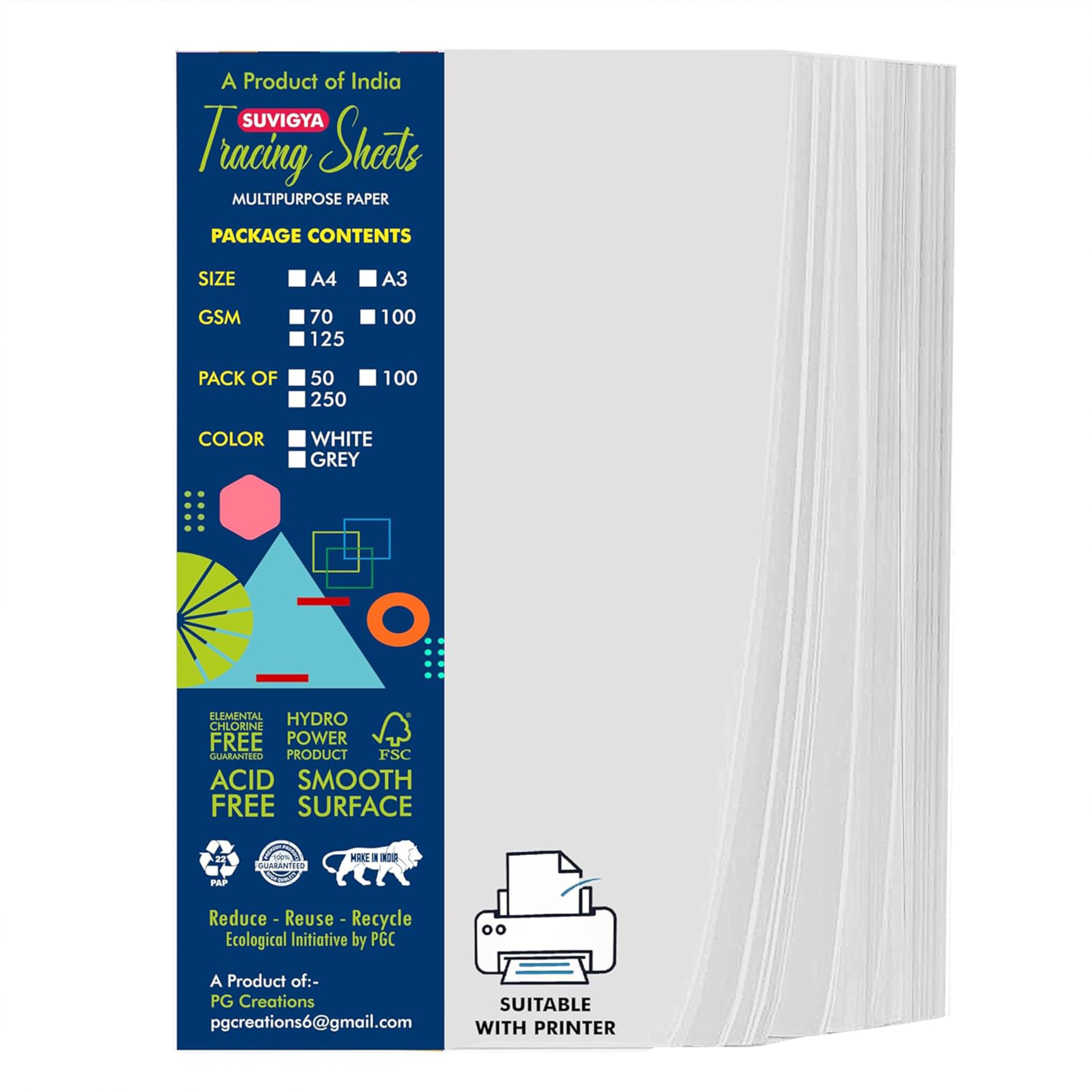 Suvigya 100 Sheets, A3 Size Tracing Paper for Laser & Inkjet Printers, 100 GSM Premium Translucent Sheets for Digital Printing, Sketching & Overlays, 16.5x11.7 Inch, White