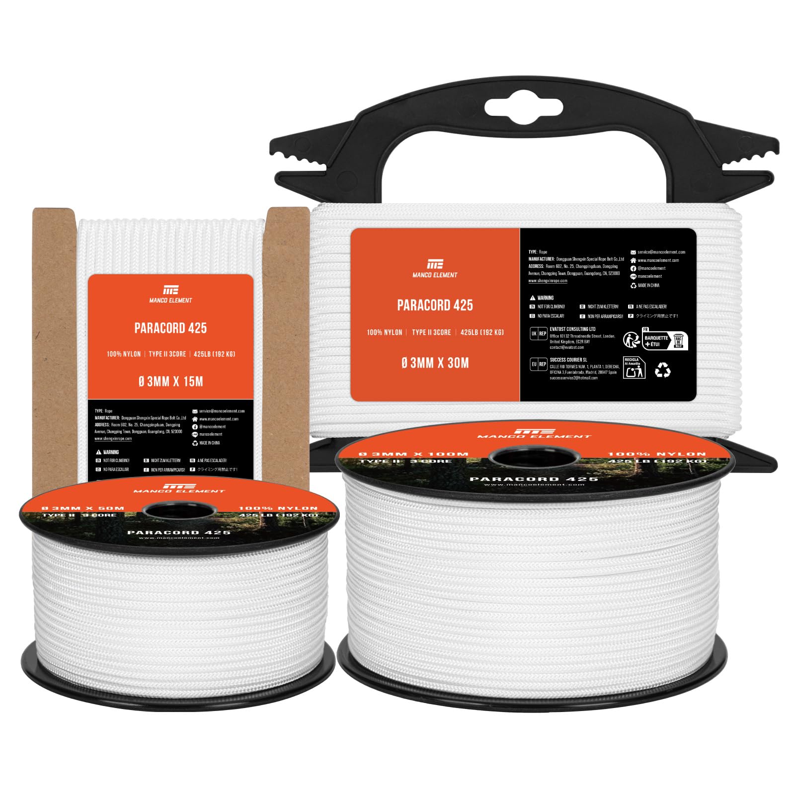 3mm Paracord 425 Tipo II 30m Blanco | 100% Nylon Cuerda 3 Hebras | Ideal para Al Aire Libre, Camping, Supervivencia, Bricolaje