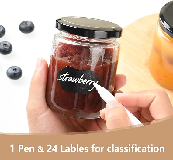 YBCPACK 24Pack 8oz Glass Jam Jars with Black Lids, 240ml Clear Chutney Jars
