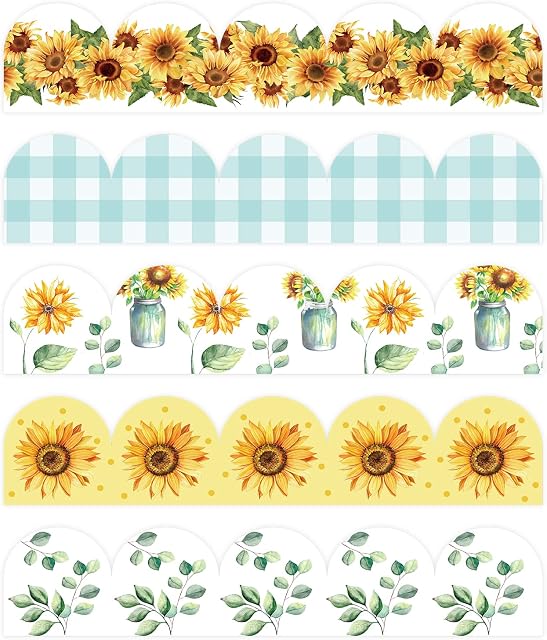 Covienapp 69 ft Adhesive Bulletin Board Border Sunflower Eucalyptus Classroom Border Chalkboard Stickers for Classroom Office Decoration Back to School,5 Design,60 PCS