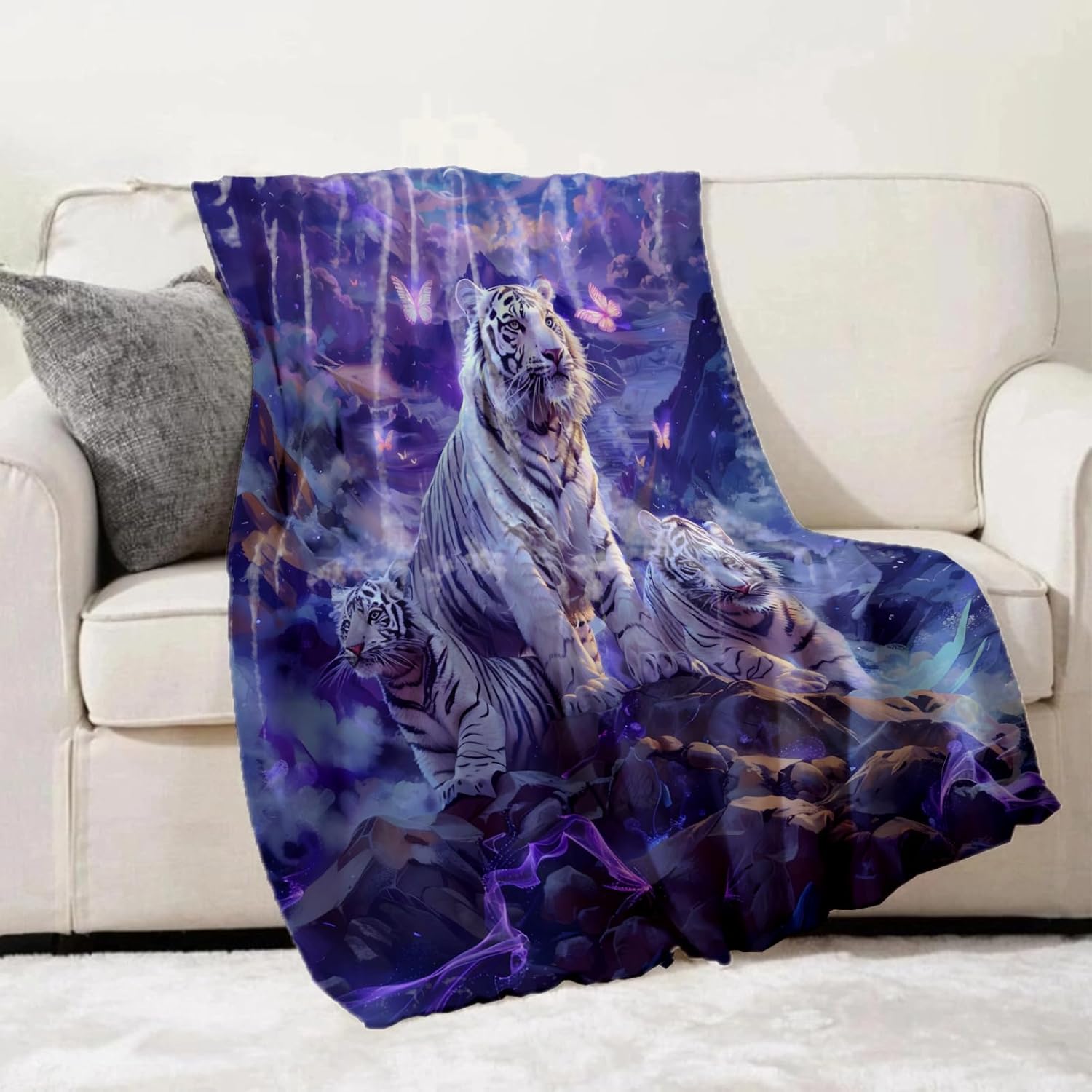 White Tiger Throw Blanket Gifts for Adults Kids, Fantasy Big Cat Blankets for Living Room Bedroom Decor, Fuzzy Warm Flannel Plush 50"x60" - Image 2