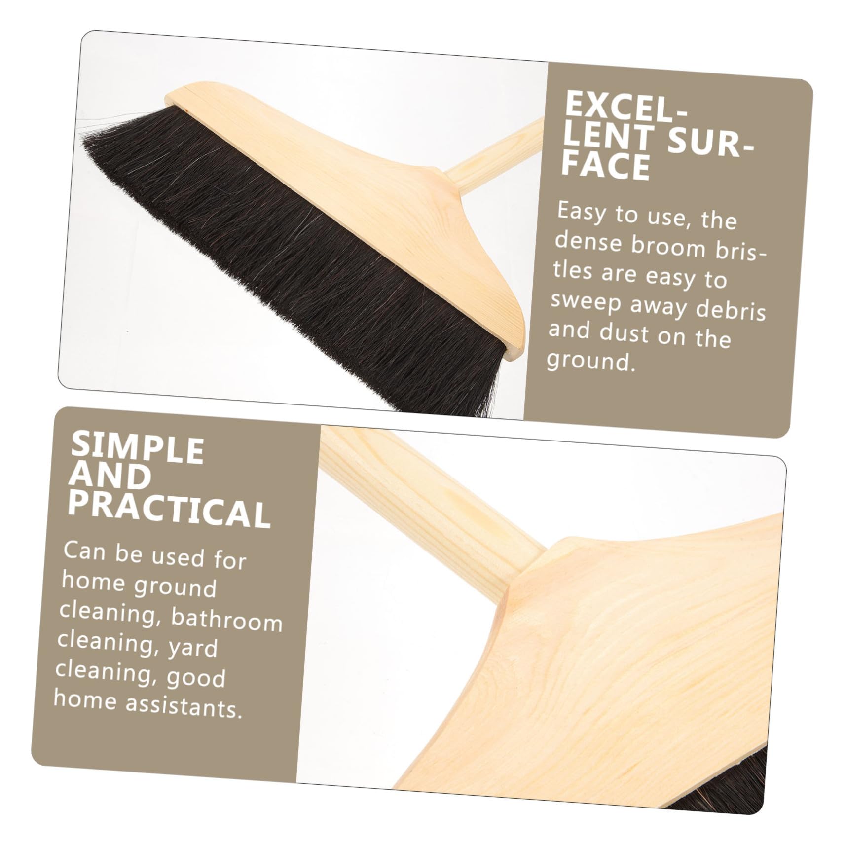 Escoba de Pelo de Madera Mango para Cepillo de Barrer, Cerdas Suaves y Largo Mango, Adecuado para Limpieza de Suelos y Alfombras