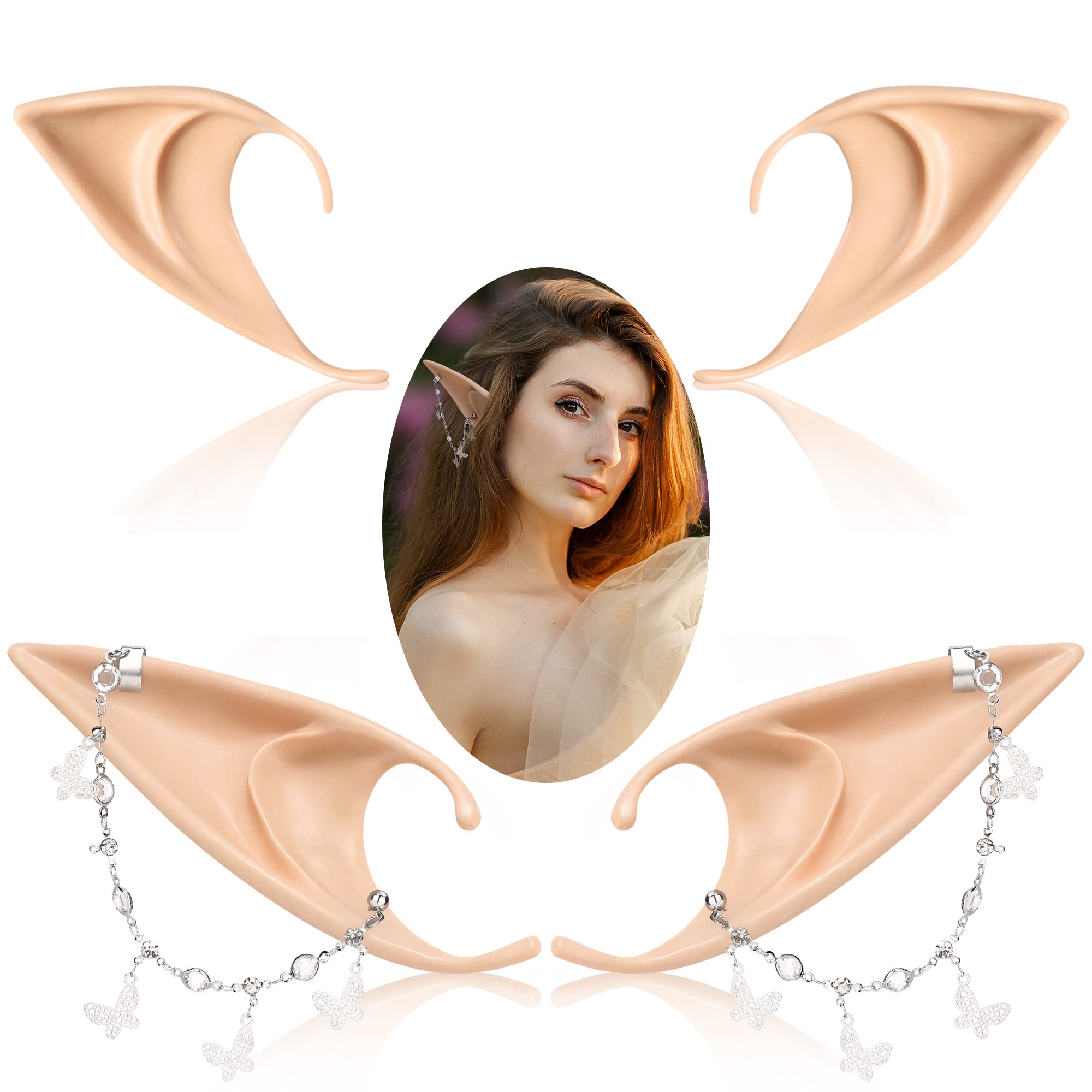 FRESHME Gothic Elf Ears with Piercings - Elven Ear Cuffs Ear Jewelry Clips Wraps Women Men Halloween Cosplay Costume