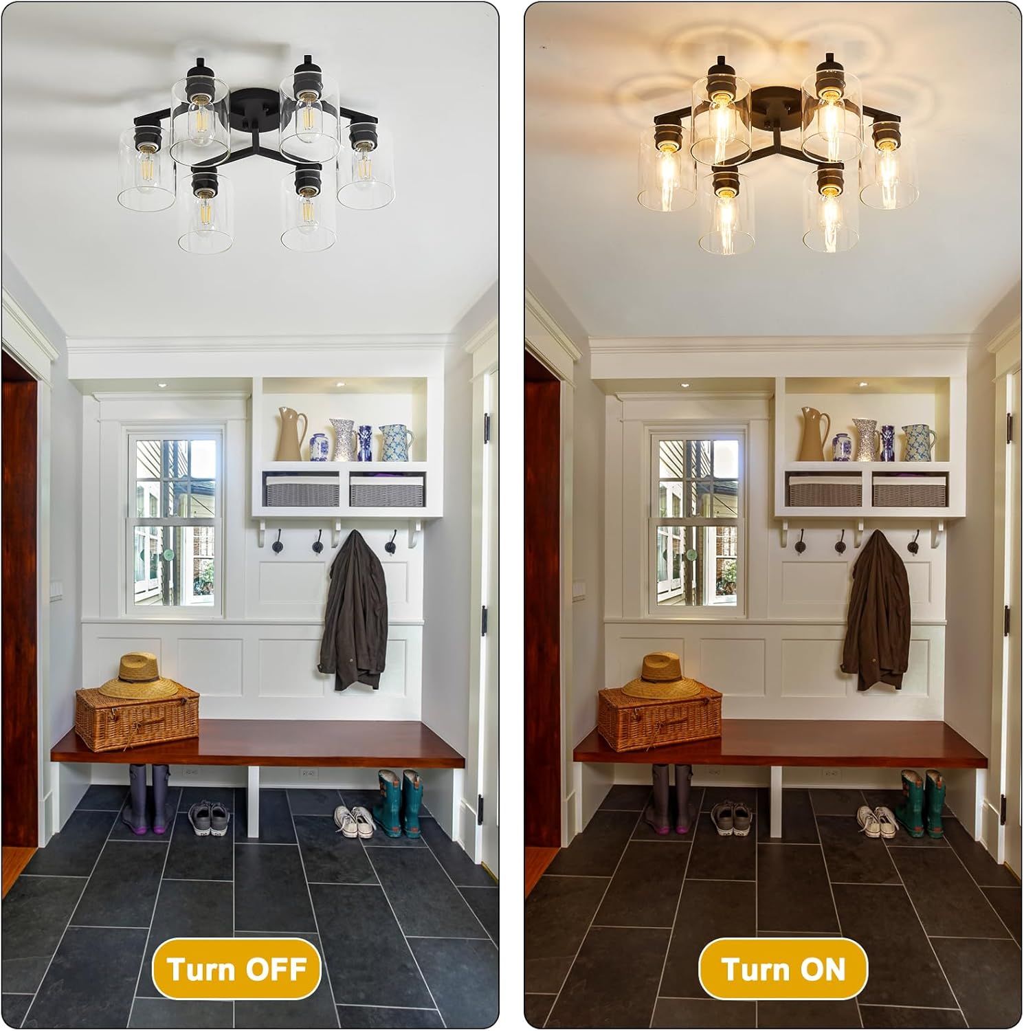6 Light Semi Flush Mount Ceiling Light Black Kitchen Lighting Fixtures Ceiling Industrial Large Cieling Light Fixtures, with Clear Glass Shade for Dining Room Living Room Kitchen Island Farmhouse