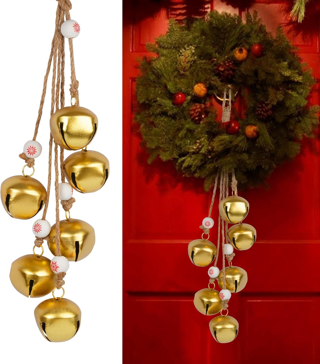 Styleonme Decorative Bells, Christmas Decor Gifts, Set of Harmonious Bells, Vintage Handmade and Rustic Lucky Christmas Bells Hanging on a Rope, Gifts for Mom, Grandma, and Women 3.1" x 2.5" x 5Pcs Golden