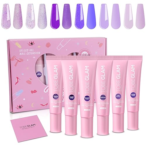 TOBEGLAM Kit de gel de uñas de polietileno morado, 6 colores de gel de construcción de uñas de color morado puro y purpurina, gel híbrido de larga