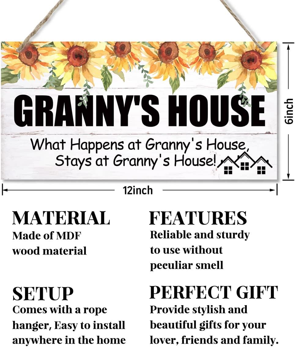 Vintage Style Sign, Granny's House What Happens at Granny's House, Hanging Wood Sign Home Decorative, Rustic Farmhouse Wooden Decor, Printed Wood Wall Art Signs, Holiday Gift for Grandma 12x6” - Image 3
