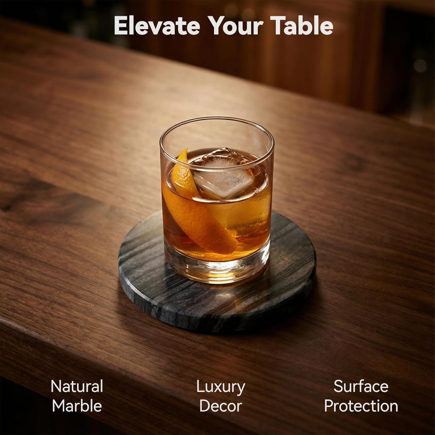 Natural Black Marble Coasters Set of 4, Modern Aesthetic Black Stone Coasters for Coffee Table Bar Home Decor, 4 Inch Round Thick Heavy Drink Coaster with Cork Backing, Elegant Gift-Boxed