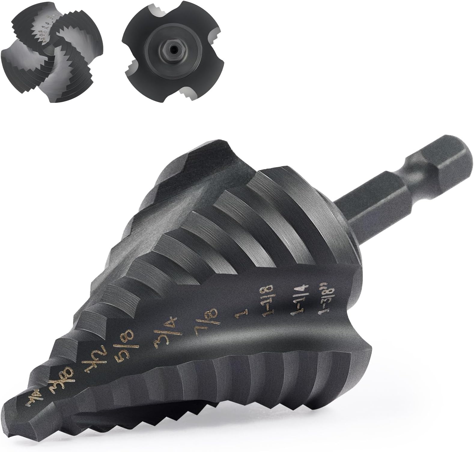 ZELCAN 10 Sizes Step Drill Bit, Four Spiral Flute Step Bit for Metal, Titanium-Coated HSS 1/4" to 1-3/8" Step Drill Bit with 1/4" Hex Shank for Stainless Steel Aluminum Copper Wood Plastic