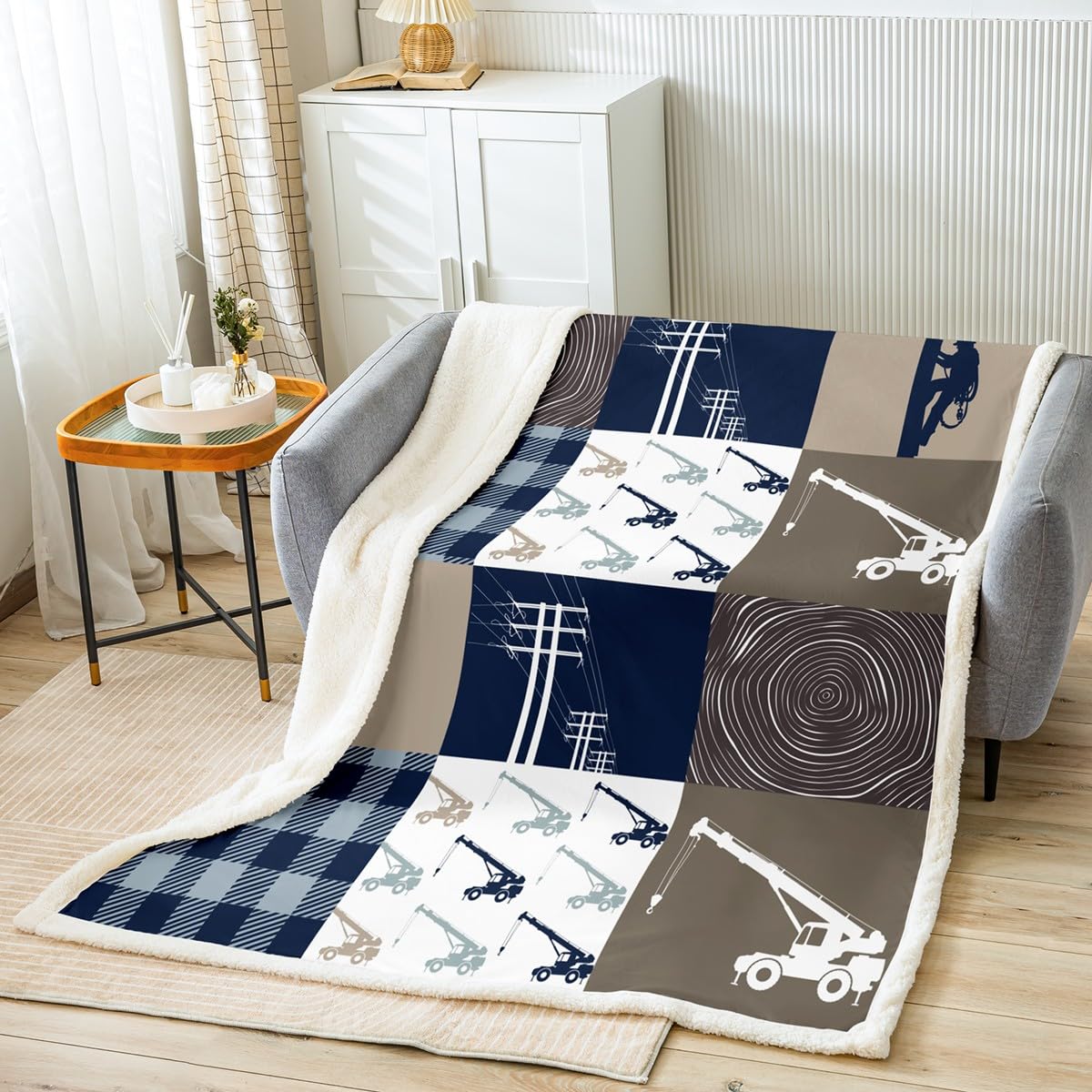 Feelyou Lineman Print Blanket 50"x60" for Bed Sofa Couch Plaid Patchwork Throw Blanket Construction Vehicles Fleece Blanket Blue Sherpa Blanket for