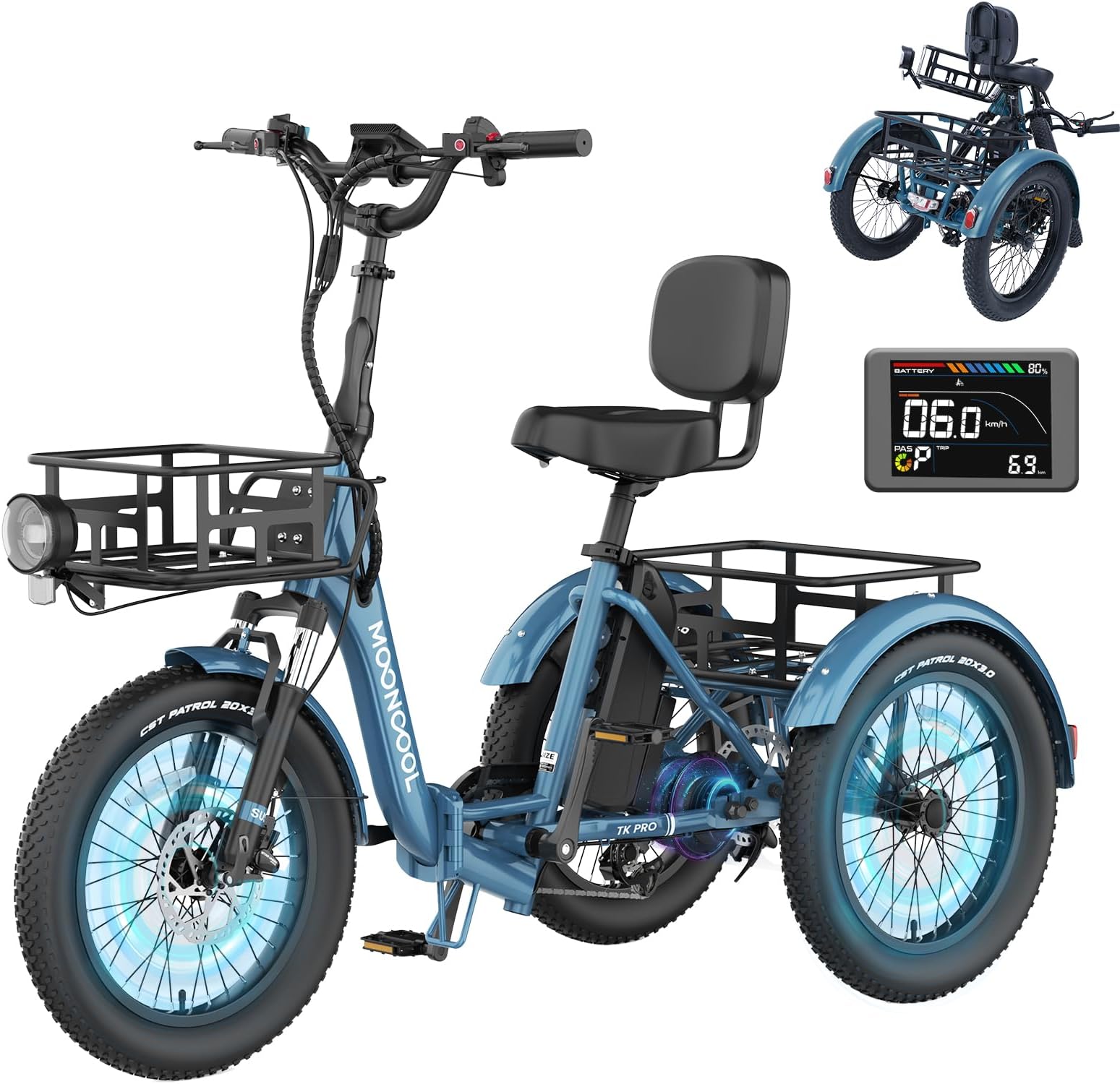 MOONCOOL Electric Tricycle for Adults, 750W 48V Folding Electric Trike Peak Power 1500W, 20"x3.0" Fat Tire 3 Wheel Ebike, Aluminum Adult Tricycle with Removable Battery, Rear Differential