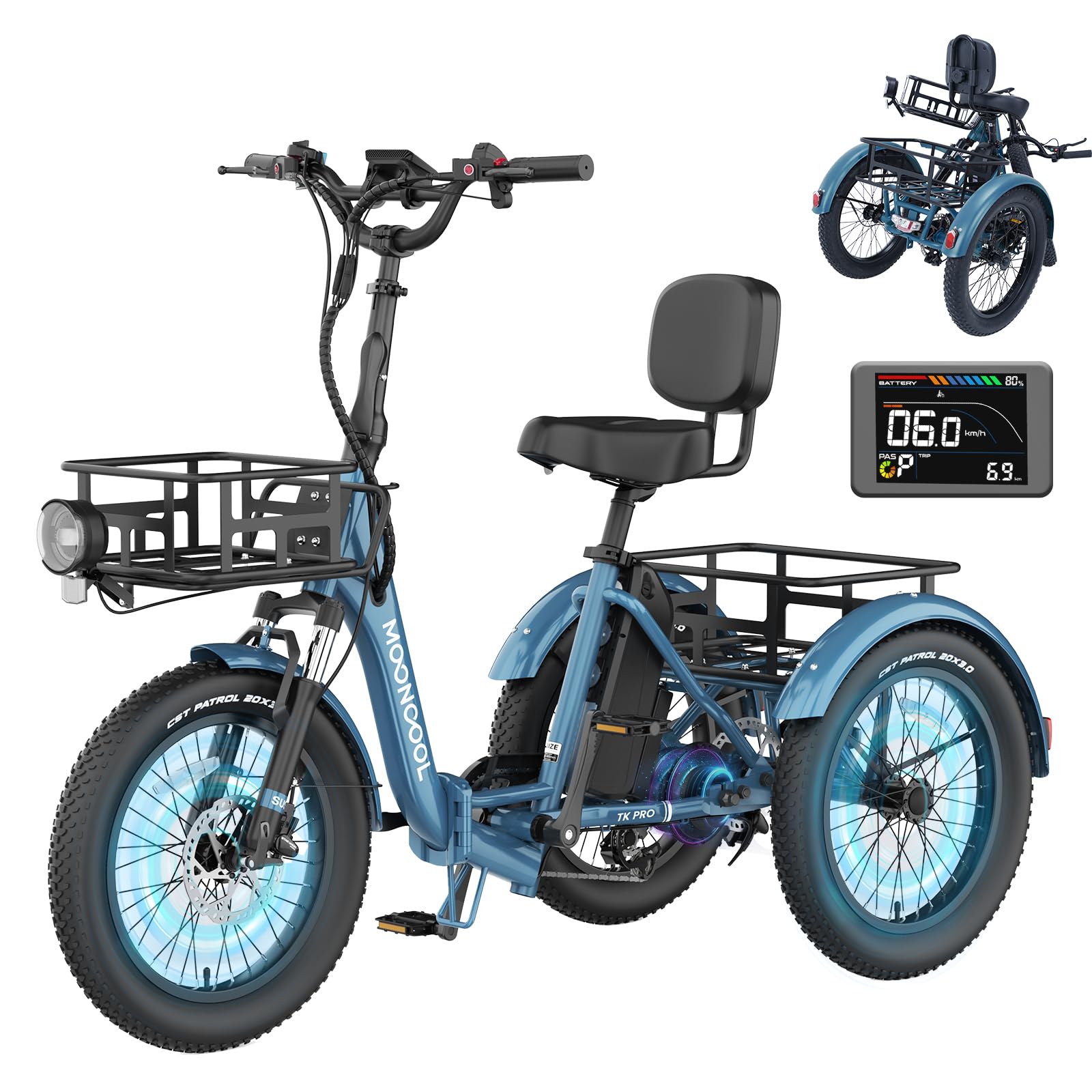 MOONCOOL Electric Tricycle for Adults, 500W/750W 48V 20" Folding Electric Trike Peak Power 1100W, 3 Wheels Electric Bicycle, Aluminum Frame Electric Tricycle with Large Basket and Removable Battery