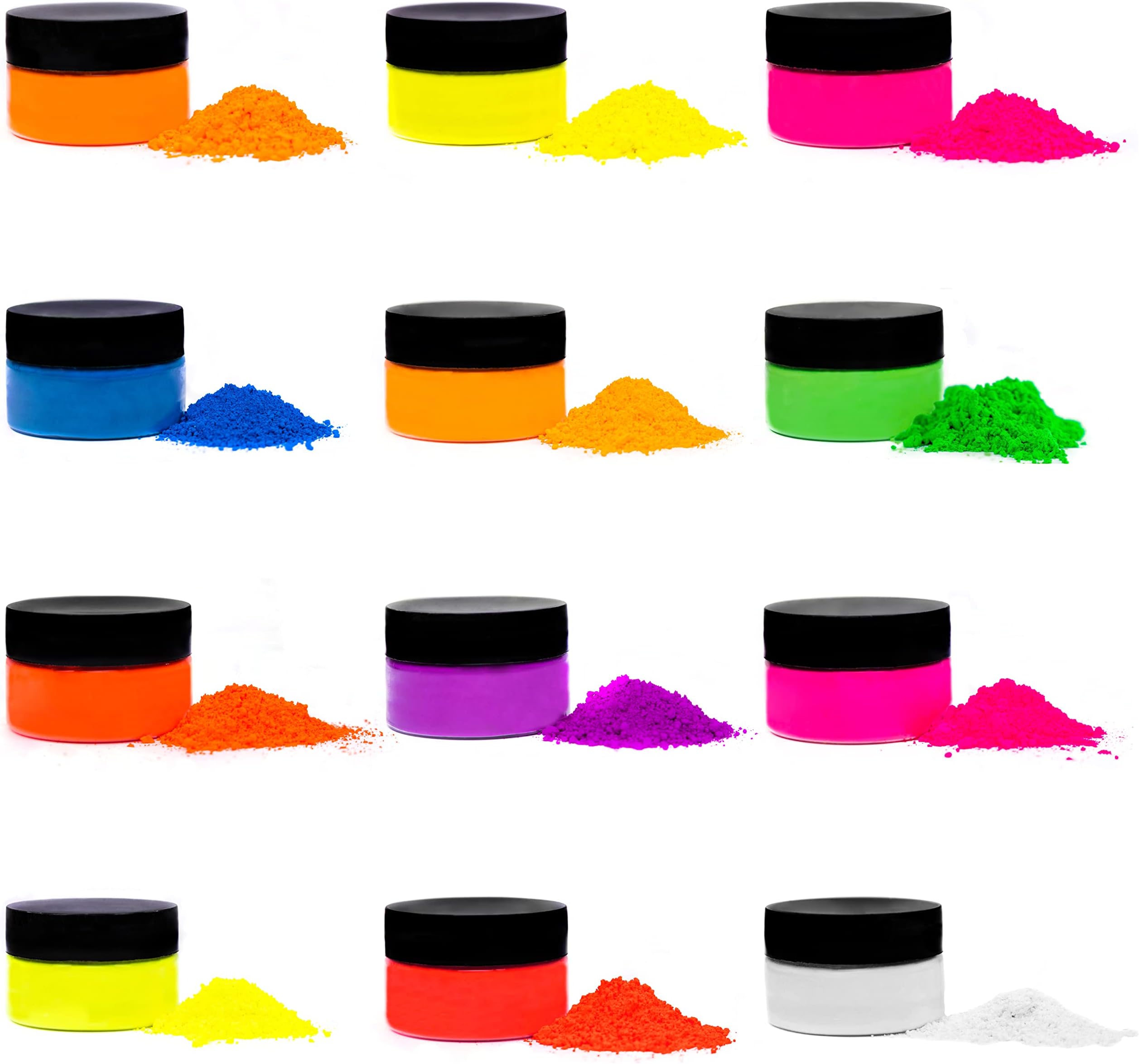Rolio - Fluorescent Neon Powder - 12 Jars of Pigment for Paint, Dye, Soap Making, Nail Polish, Epoxy Resin, Candle Making, Bath Bombs, Slime (10g)