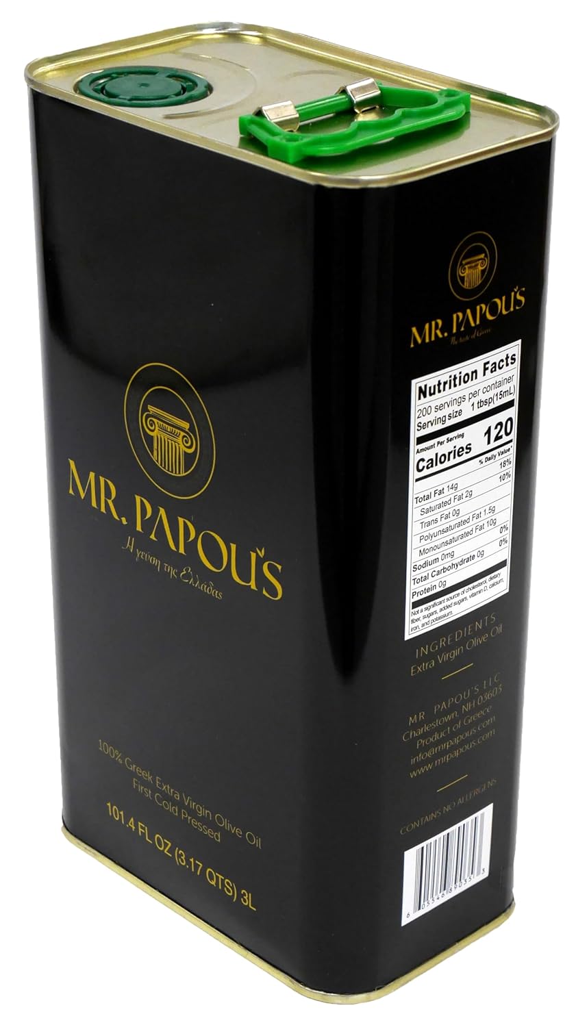 Mr. Papou's Authentic Greek Extra Virgin Olive Oil – High Polyphenols, First Cold Pressed, Family Owned, Single Origin, Harvested in Greece – 3 Liter (101.4 fl oz)