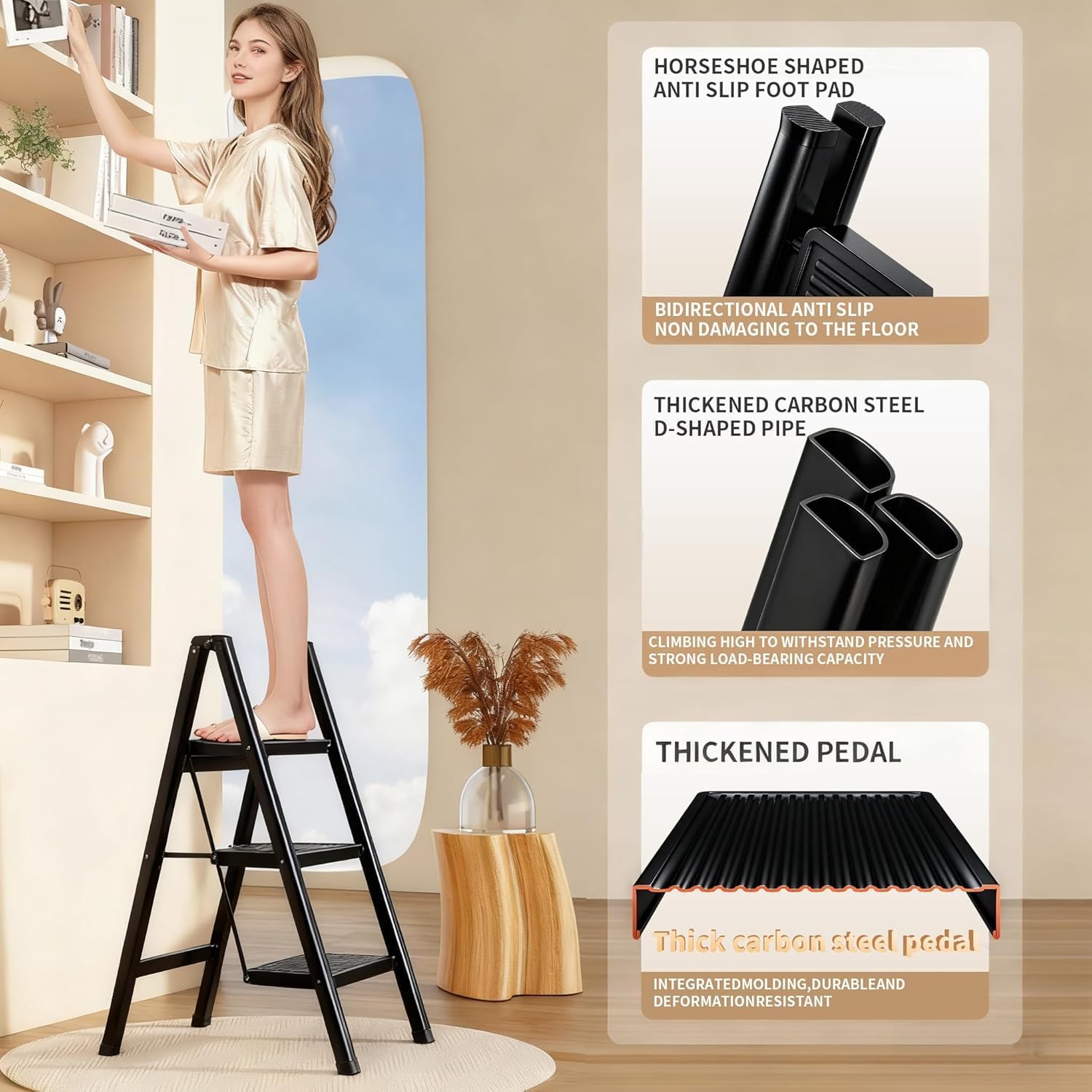 4 Step Ladder Folding Step Stool for Adults, Heavy Duty Steel, Anti Slip Wide Pedals Portable Lightweight Home Kitchen Office Closet, Red (Black,4 Step Ladder)