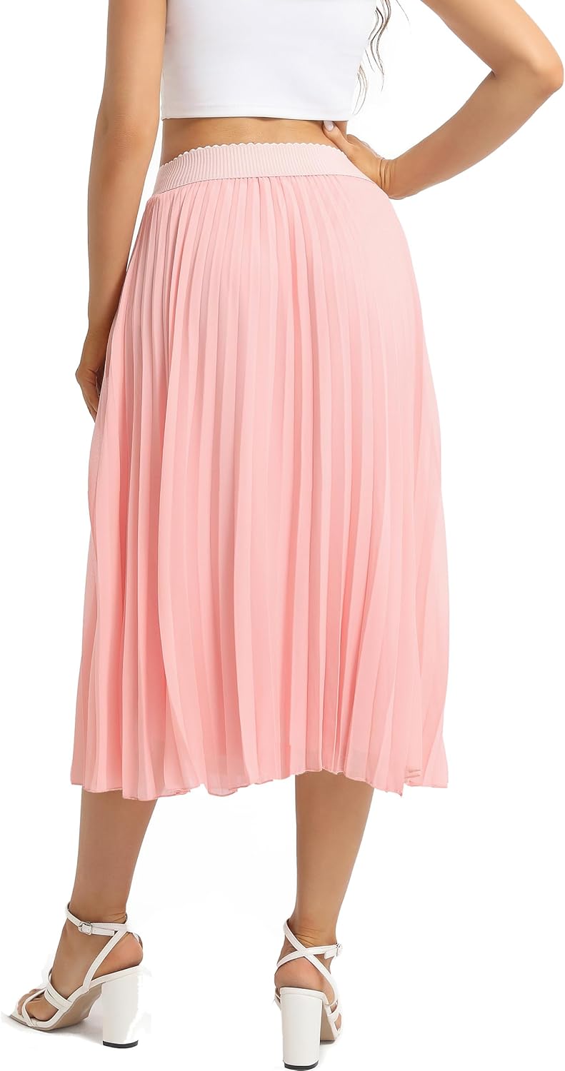 Womens Chiffon High Waist Skirt Pleated A-Line Swing Elastic Shirring Midi Length - Image 5