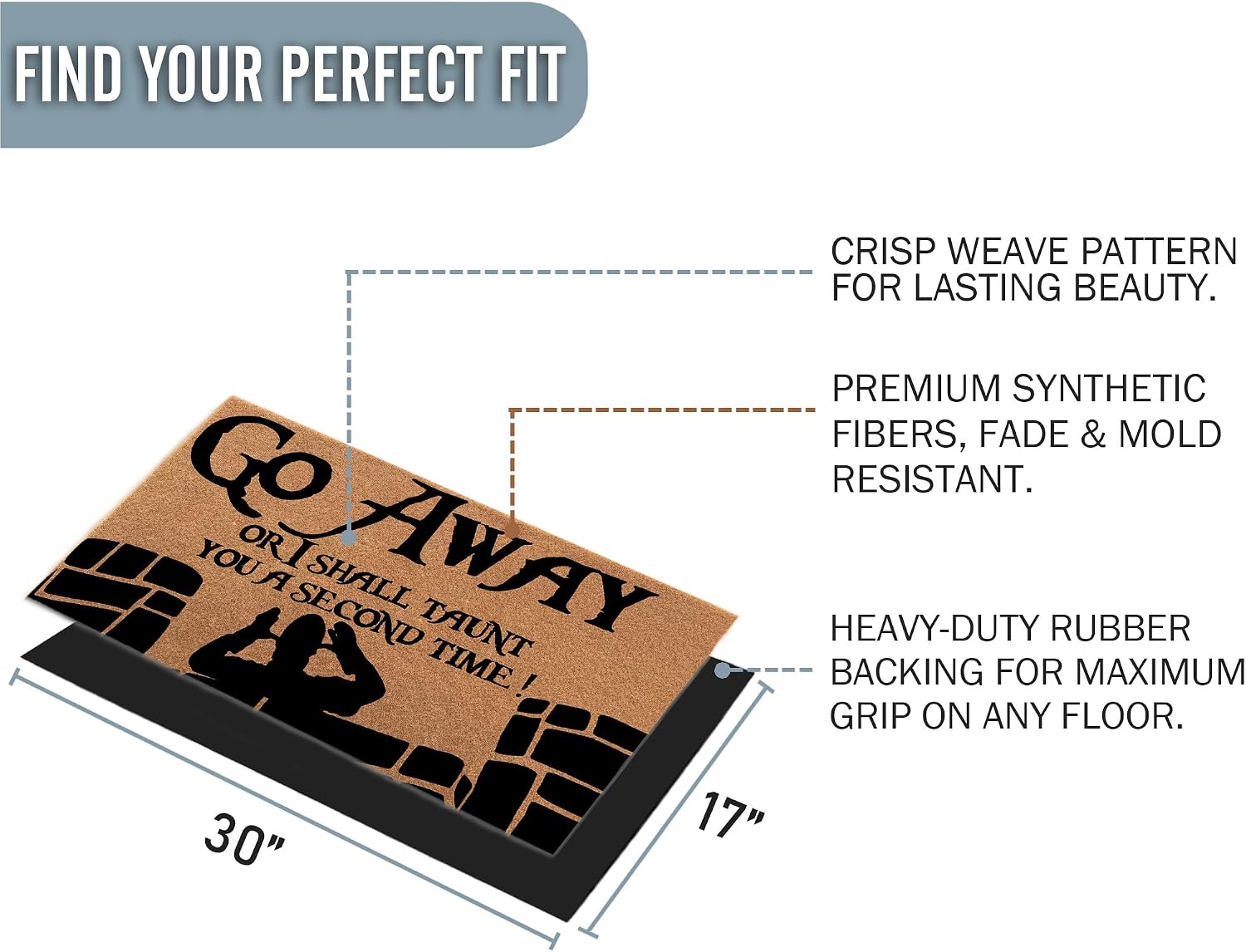 Go Away Or I Shall Taunt You A Second Time Door Mat - 30x18 Non-Shedding Imitation Coir Humorous Welcome Mat for Front Door Outdoor - Durable Rubber Backing & Low Profile Decor