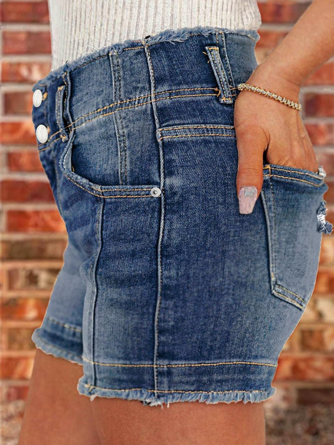 Flamingals Women's Jean Shorts Stretchy Mid Waist Straight Leg Raw Hem Tummy Control Denim Shorts