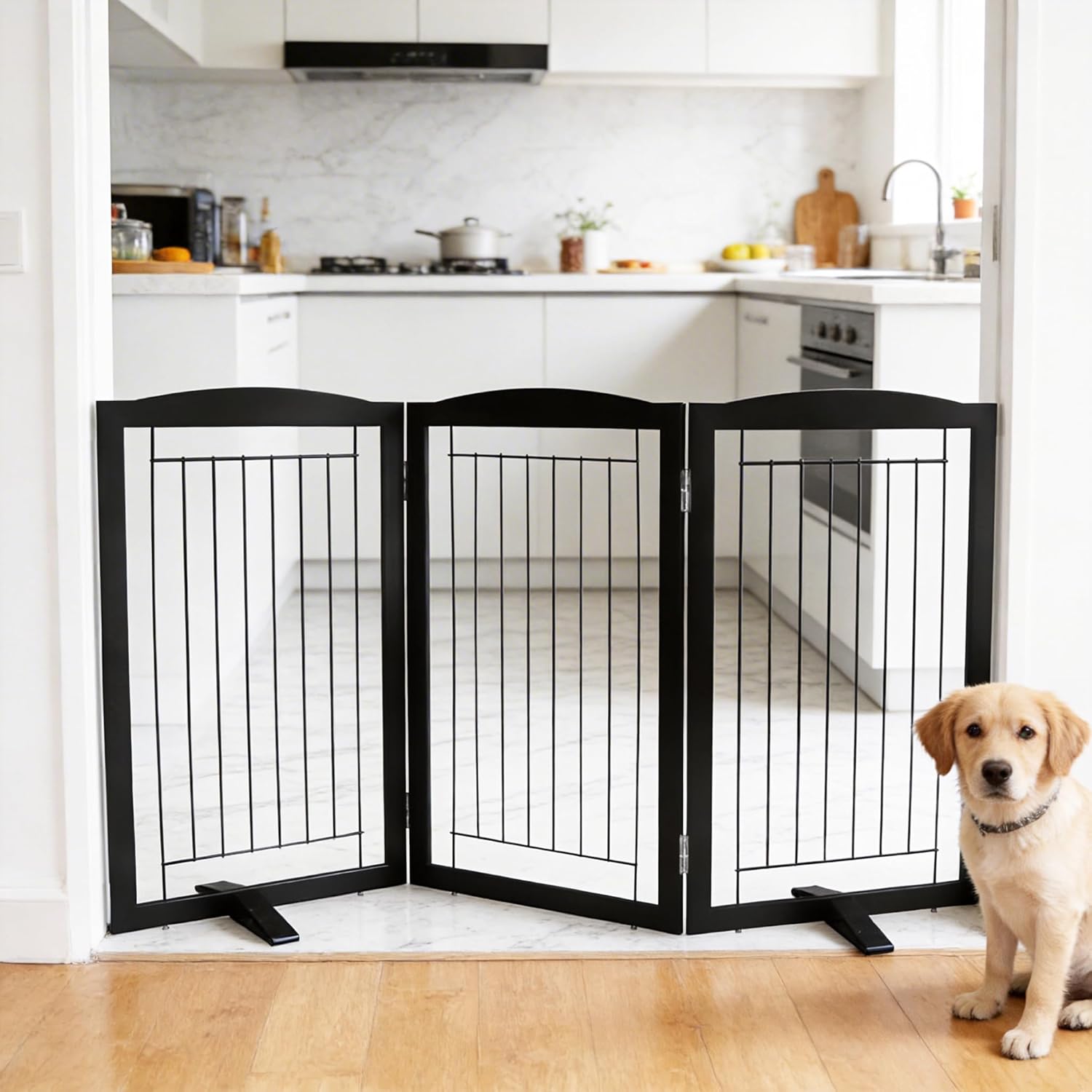 ZJSF Freestanding Dog Fence Indoor, Foldable Dog Gate for Doorways, Stairs or Hallways, Sturdy Wood Extra Wide Pet Gate with Support Feet for The House, Black, 32 Height-3 Panels