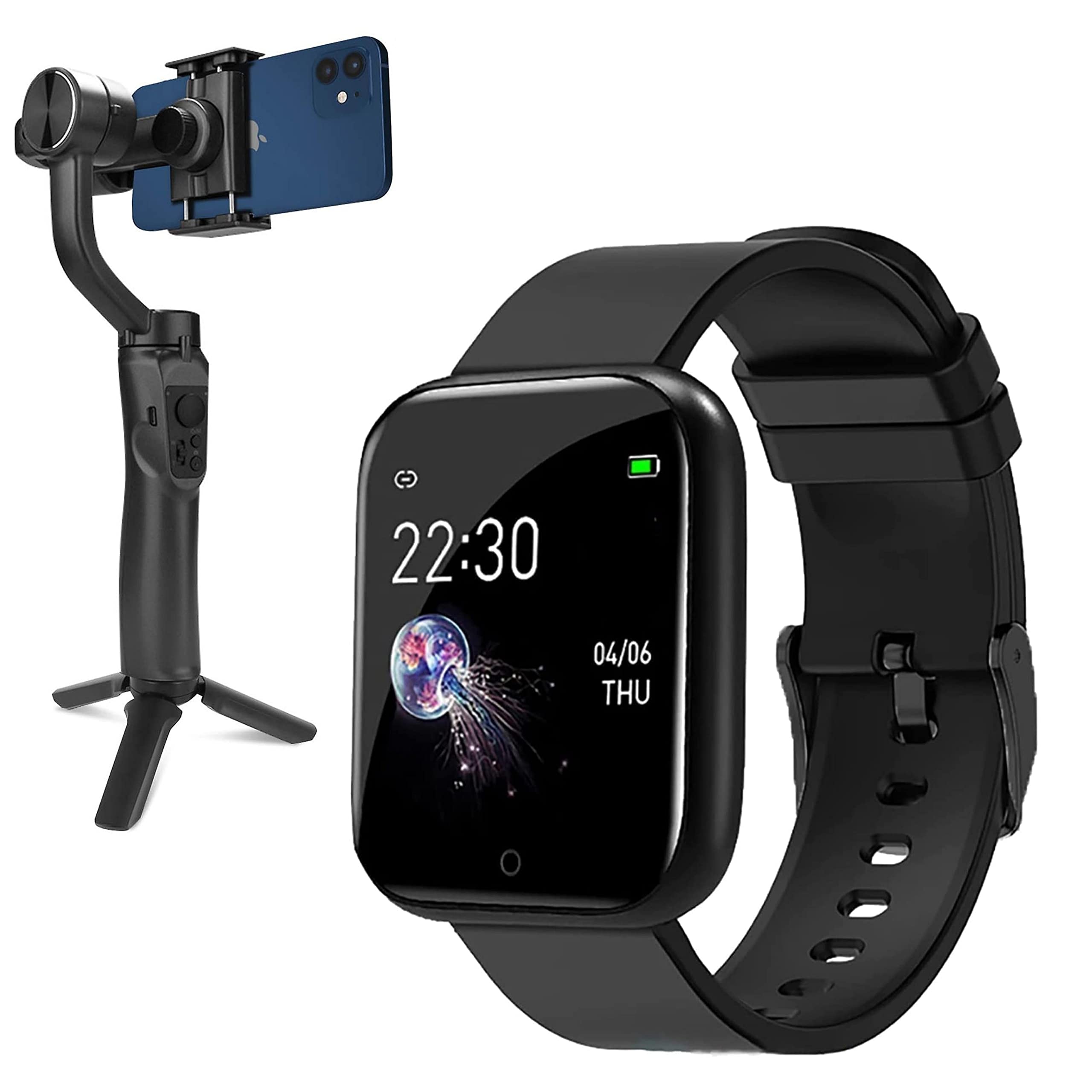 Mabron Combo Pack of 2 Items - Professional 3-Axis Handheld Gimbal Stabilizer with Tripod, Bluetooth D20 SmartWatch with Heart Rate & Blood Pressure Monitor, Information Reminder Fitness Tracker