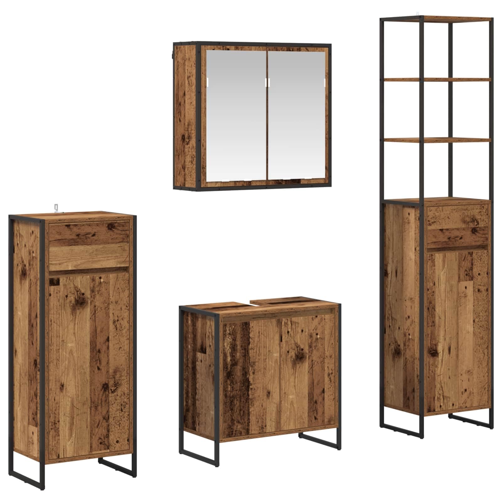 Set di mobili da bagno, 4 pezzi, in legno anticato, con