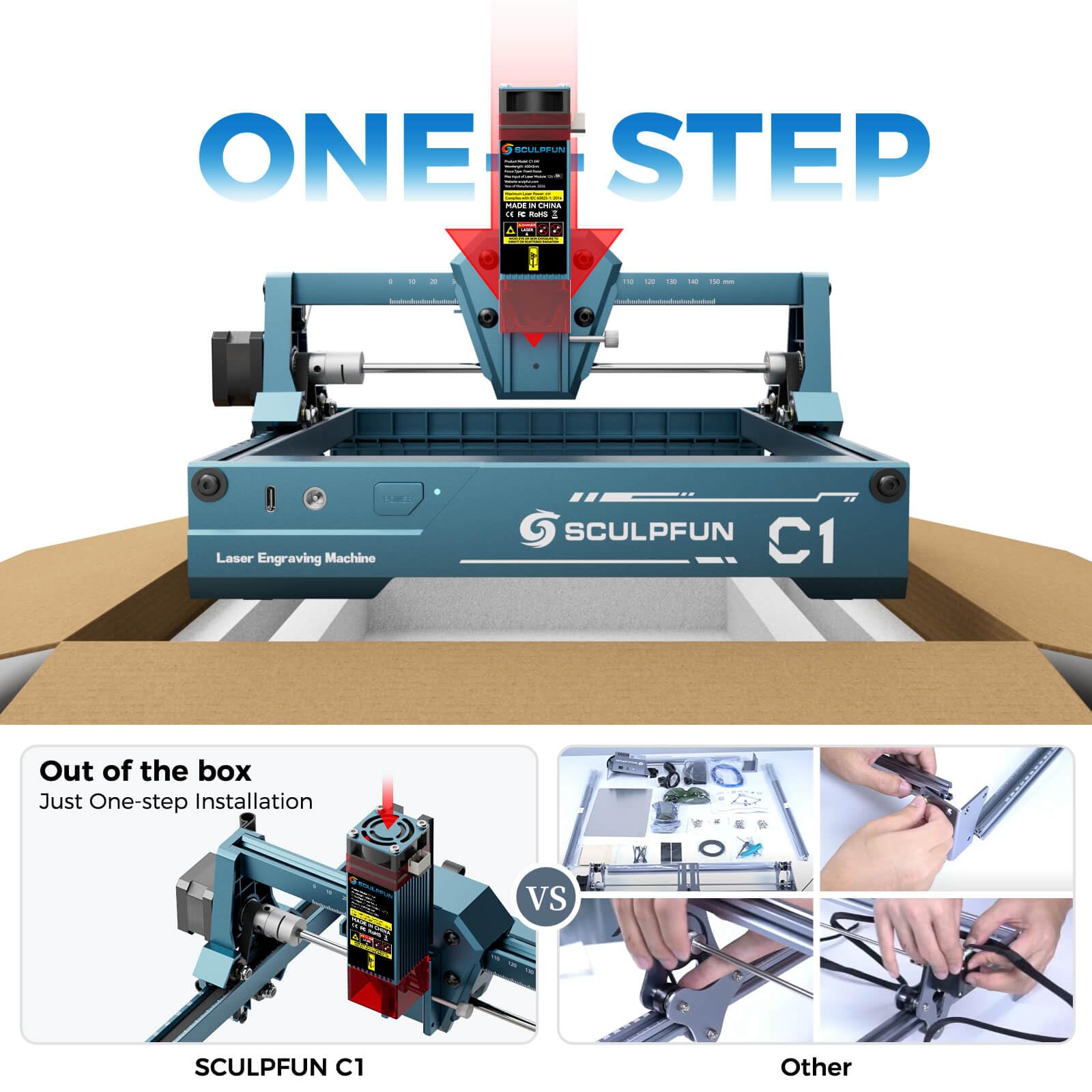 SCULPFUN C1 6W Laser Graviermaschine mit RA Mini Laser-Rotationswalze | Tragbarer Lasergravierer Laser Cutter 0,06 mm ultrafeinem Spot, Plug and Play, für Anfänger Profis