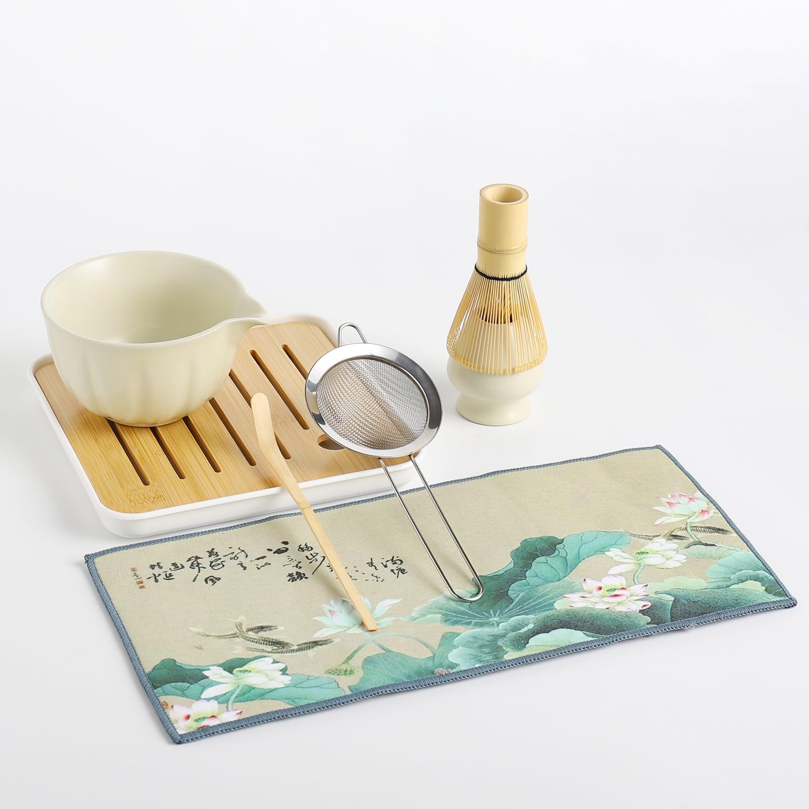 Juego de 8 batidores de matcha, kit de matcha para ceremonia, cuenco de matcha con boquilla, batidor y soporte, cuchara de bambú, bolsa de almacenamiento de cuero y tamiz de acero inoxidable