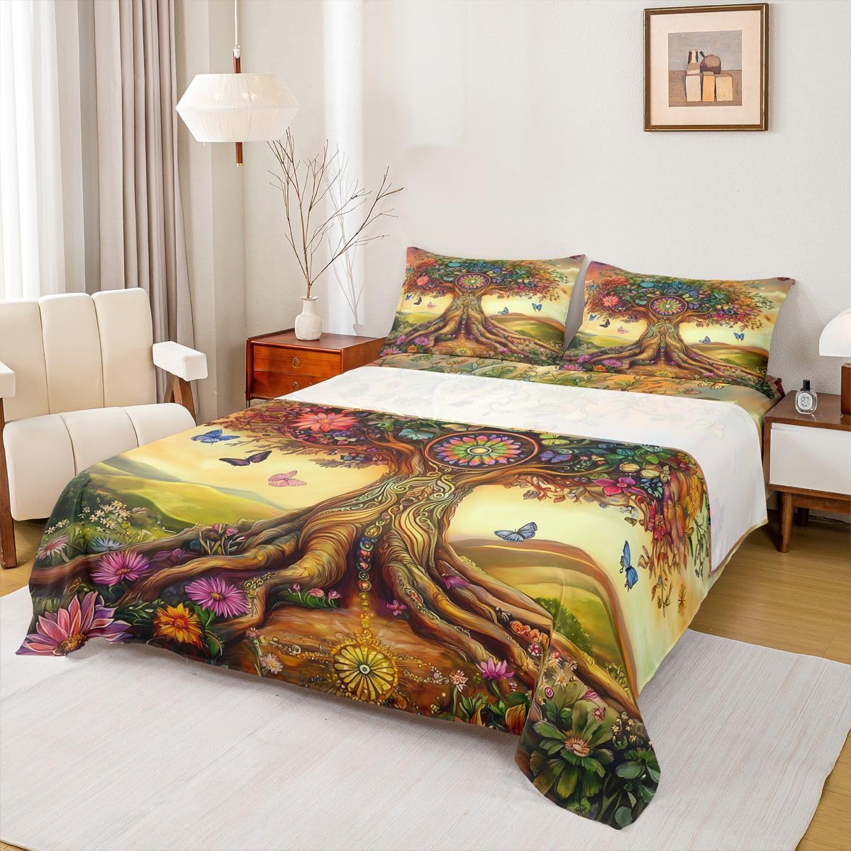 Homewish Kolorowe drzewo wzór podwójne płaskie prześcieradło z gumką boho natura botaniczny styl prześcieradła głęboka kieszeń 16 cali (40 cm), kwiatowy zestaw pościeli botanicznych zachód słońca
