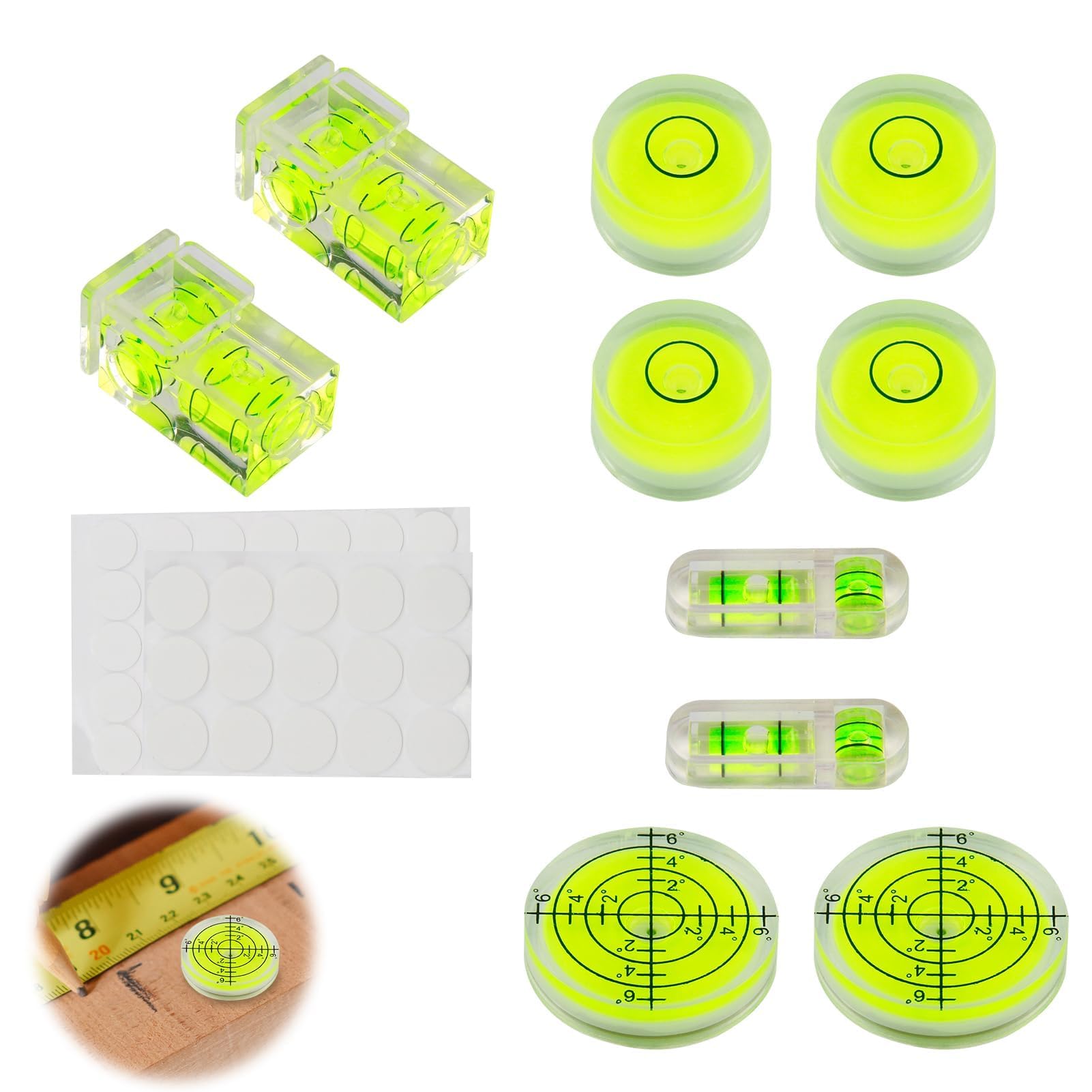 10 Mini Livella a Bolla Professionale Set Bolla Livella per Fotocamera, Mobili, Treppiedi, Campeggio con 50 Punti Adesivi Livella Bolla Compatta per Allineamento di Precisione