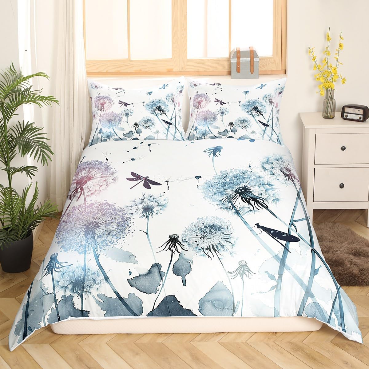 Erosebridal Dandelion Duvet Cover, Dragonfly Bedding Set for Kids Boys Teens Adult, Seeds Flowers Comforter Cover Twin Size Tie Dye Countryside Bedspread Cover with 1 Pillow Case, White