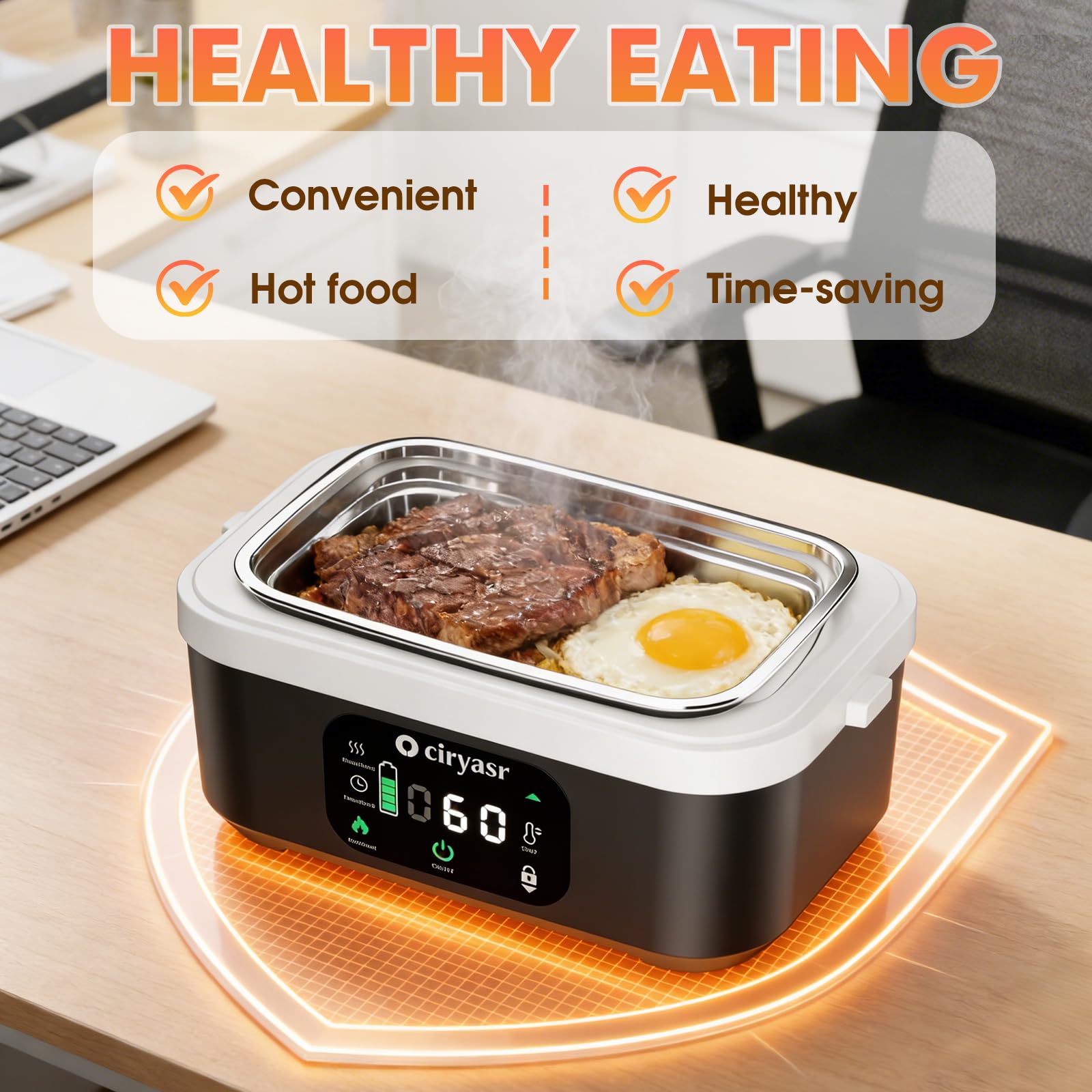 Scaldavivande Elettrico Portatile a Batteria 20000mAh, 100W Ricaricabile Lunch Box con Contenitore Interno da 1,35L in Acciaio Inox e Posate, Scaldavivande Senza Fili per Ufficio Auto Viaggi