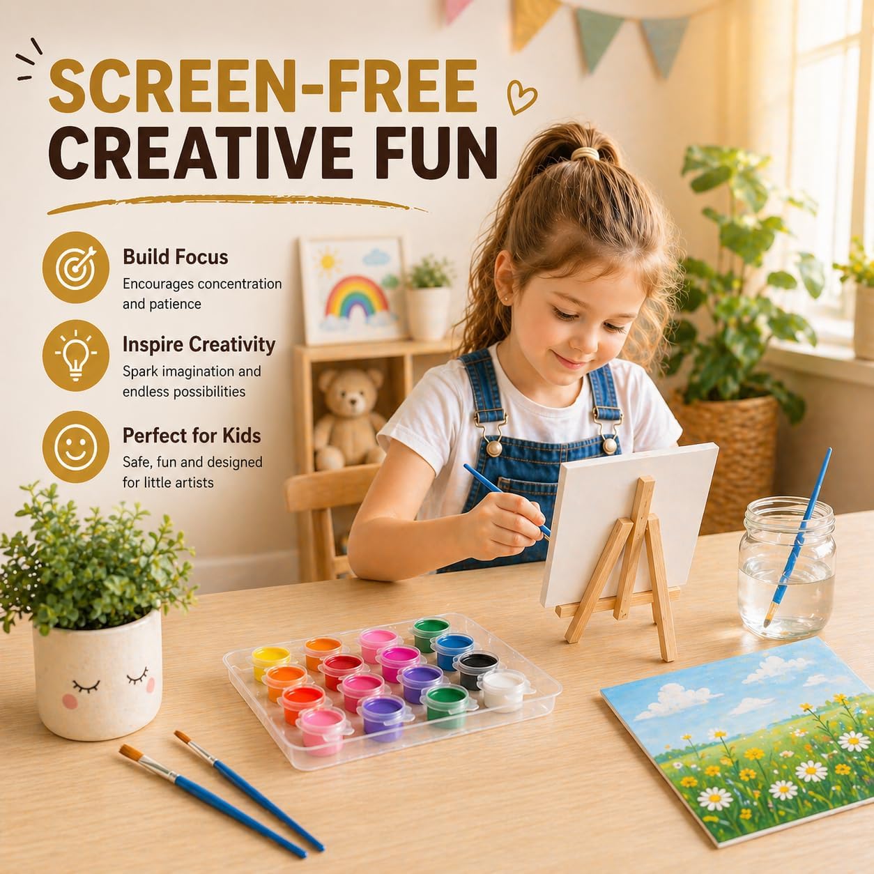 10 Set Mini Acrylic Paint Kit, Mini Canvas with Wooden Easels Acrylic Paints Strips, Minis Easel with Canvases for Kids Adults Classroom Birthday Painting Party (6 x 6Inch)