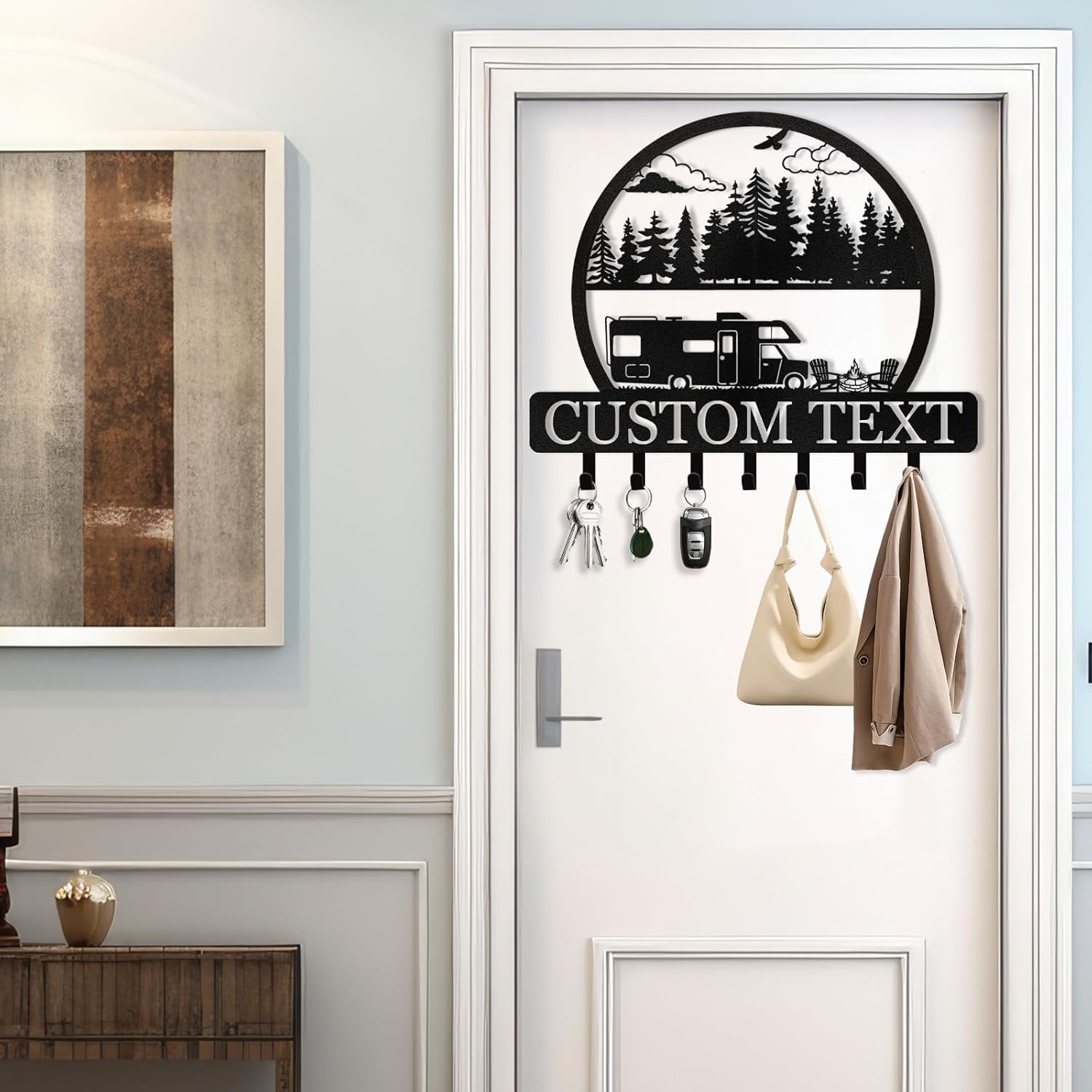 KAINSY Personalized Custom Name Key Holder - Camping Wall Organizer, Key Rack Hanger for Kitchen, Entryway, Hallway, Garden, Doorway, Porch