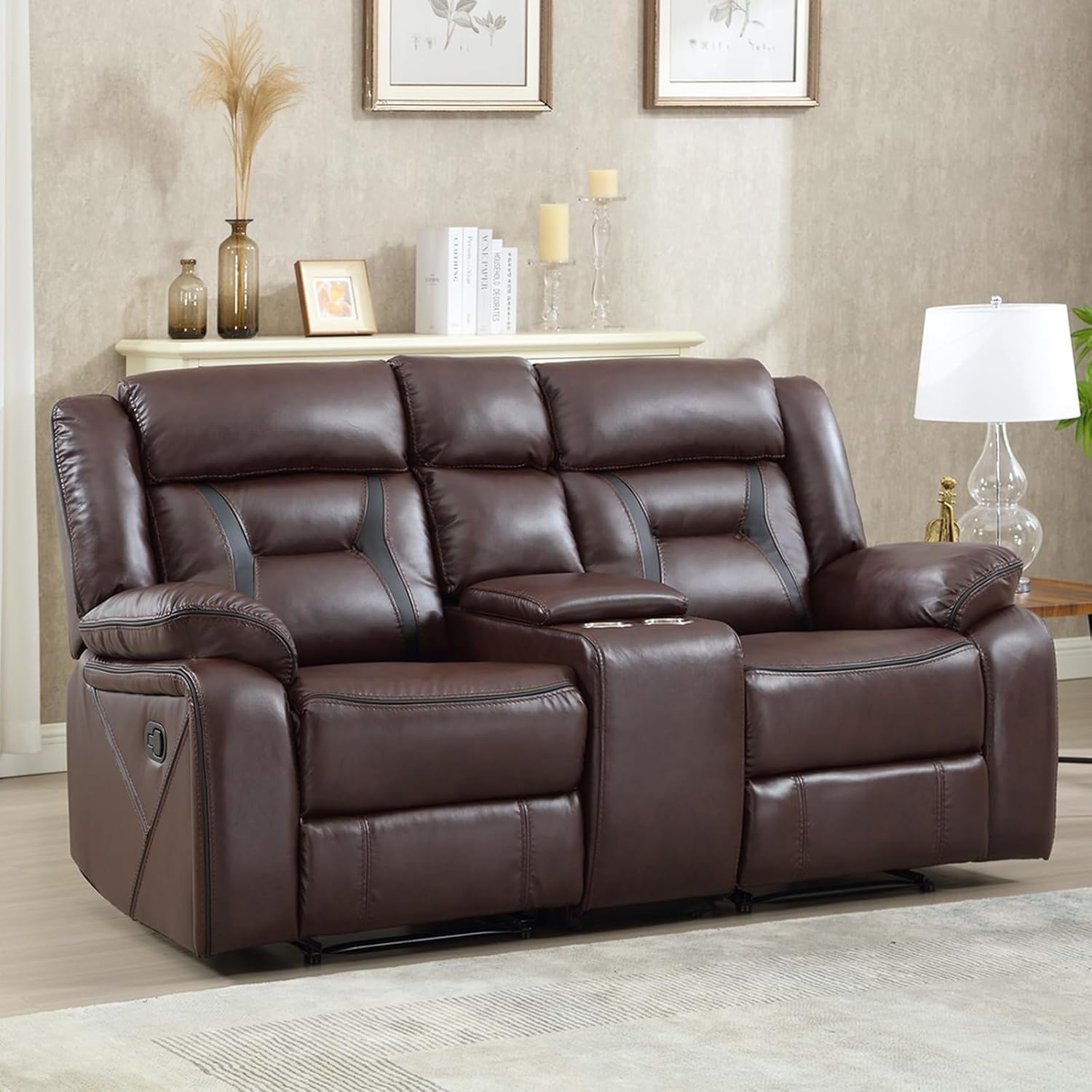 EBELLO Manual Faux Leather Loveseat Recliner, 2 Seat Reclining Sofa Chair with Center Console, Hidden Storage and Cup Holders, Daul Recliner for Living Room, Meeting Room, Dark Brown (Loveseat)