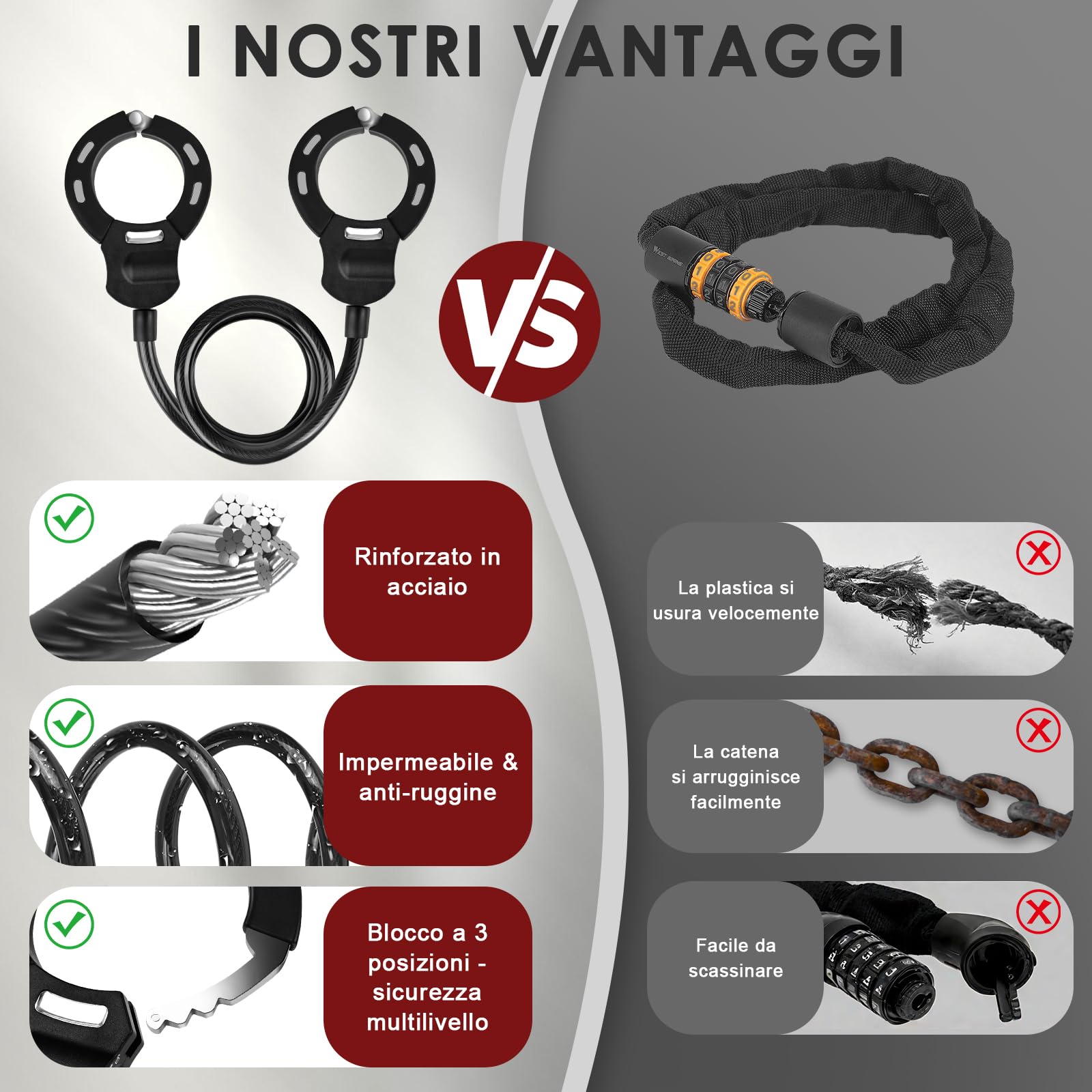 Lucchetto Monopattino Elettrico, Lucchetto Bici, 120CM Catena Monopattino Elettrico, 14MM Cavo Serratura a Chiave con Manette, Lucchetto Bicicletta Antifurto per Passeggino, Scooter, Biciclett