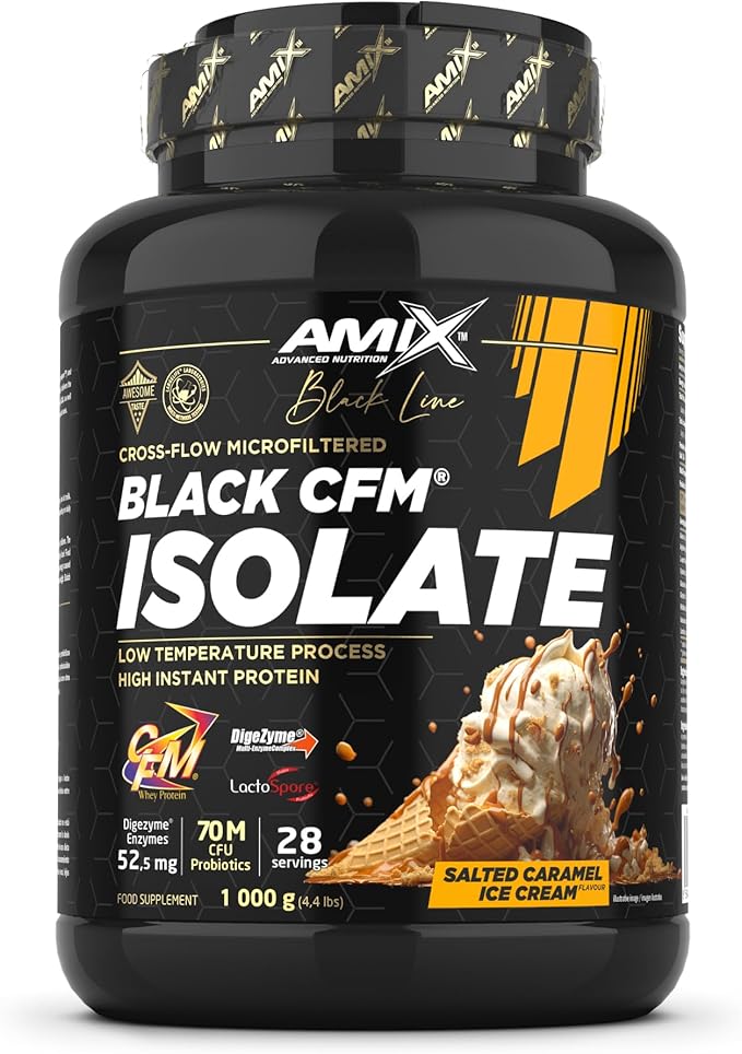 Amix | Proteína BLACK CFM ISOLATE - Ayuda a Mantener la Masa Muscular - Con Enzimas Digestivas - Fácil Digestión - Rápida Absorción - Proteína en Polvo - 1 Kg - Sabor Caramelo-salado