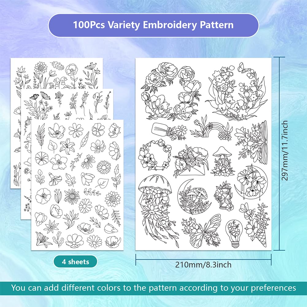 ORIGACH 4 Sheets 105 Pcs Water Soluble Embroidery Patterns Stabilizers - Pre-Printed Floral, Flowering Shrubs & Leaves Designs - Stick & Stitch Embroidery Paper for Hand Sewing Lovers
