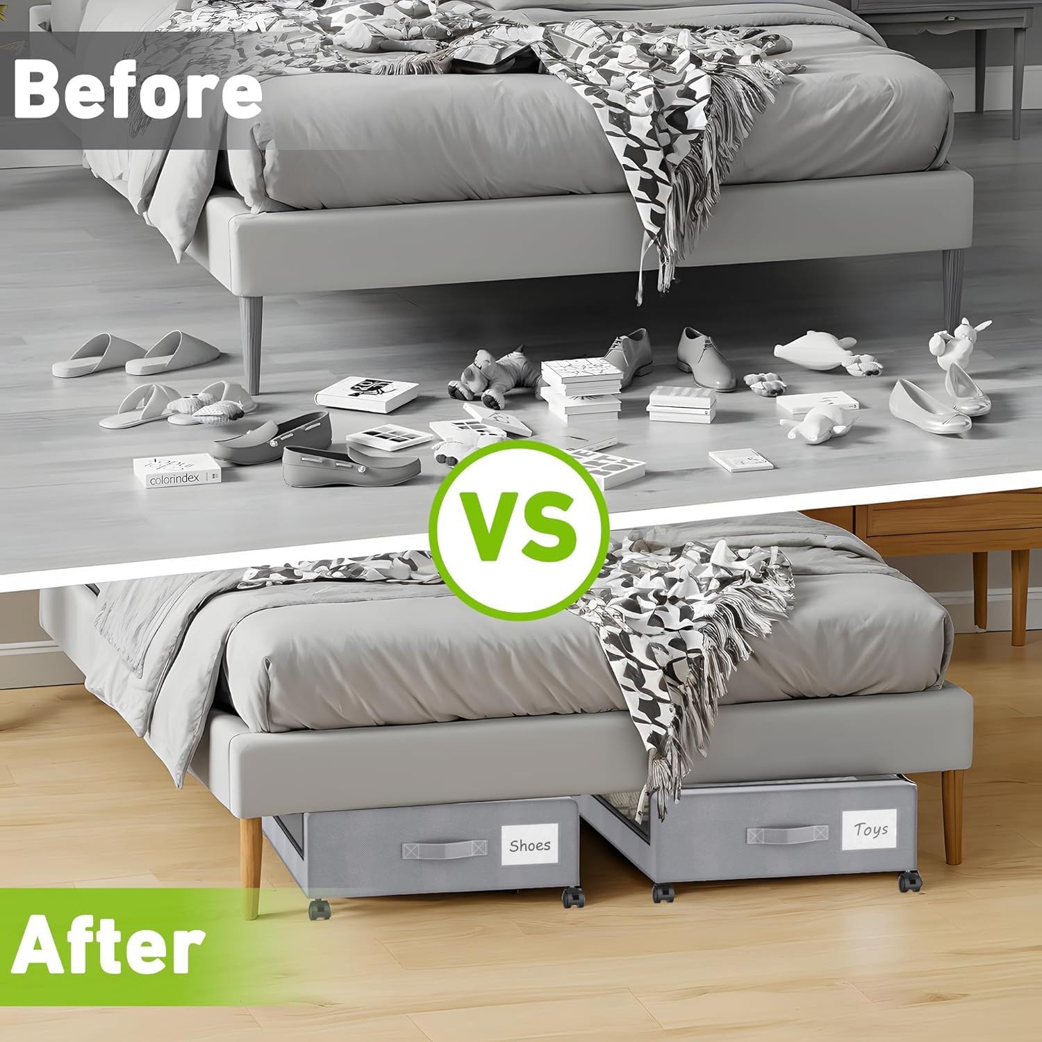 SPEEDEVE 2 Pezzi Contenitori Sottoletto con Ruote 50L Cassettiera con PVC Coperchio Salvaspazio Organizer per Vestiti Scarpe Libri Giocattoli Coperte,Grigio,2 pezzi