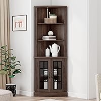 AMERLIFE 65" Curved Corner Storage Cabinet with Glass Doors & Adjustable Shelves - 5-Tier Freestanding Bookcase for Living Room, Bathroom, Espresso