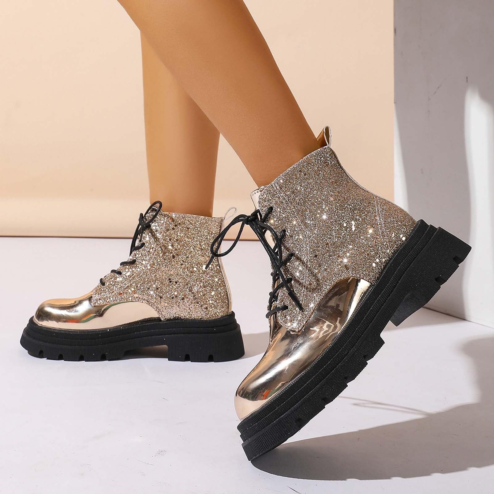 Elegantes Botines Con Punta Redonda Brillante Tacón Plataforma Cordones Estilo Occidental Para Mujer Botas de tobillo de moda para el día a día sólido