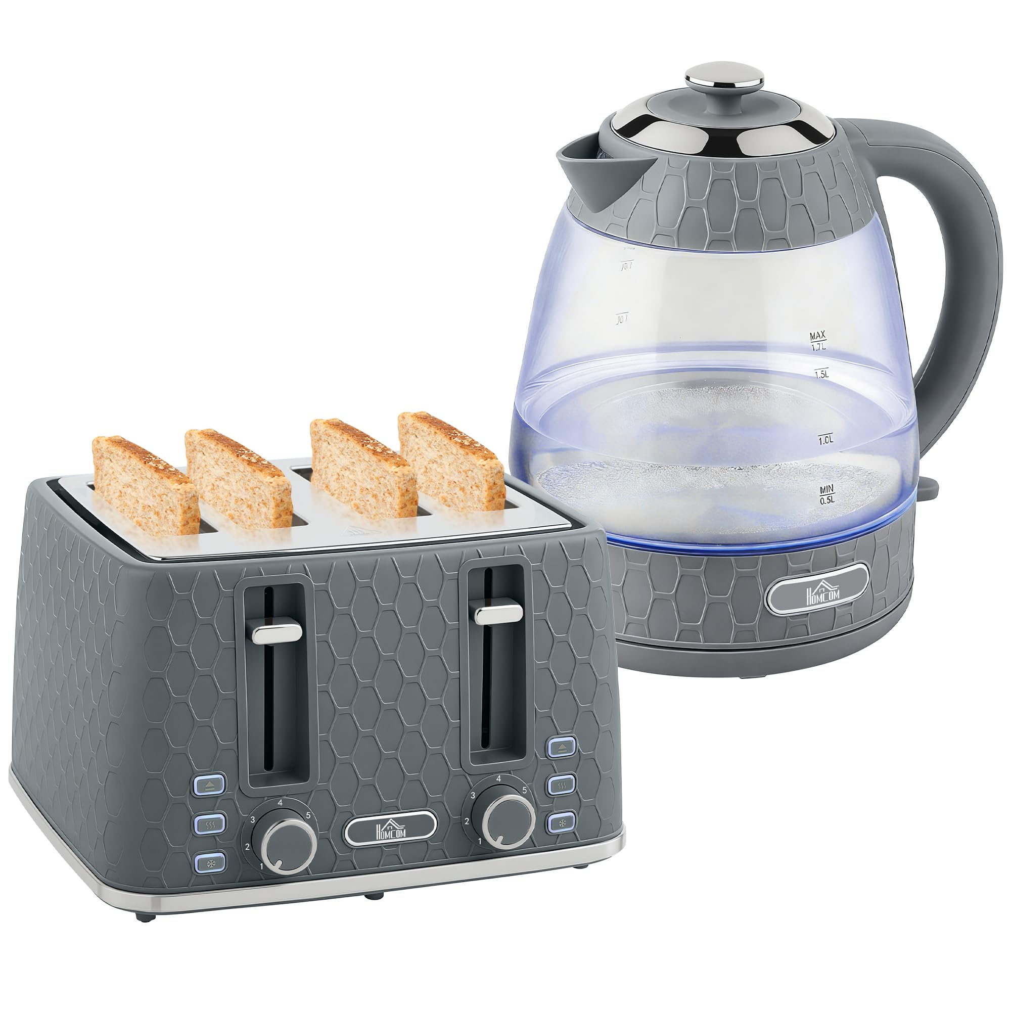 Homcom Grey Kettle And Toaster Set With Strix Thermostat, Crumb Tray - Kettle And Toaster Set