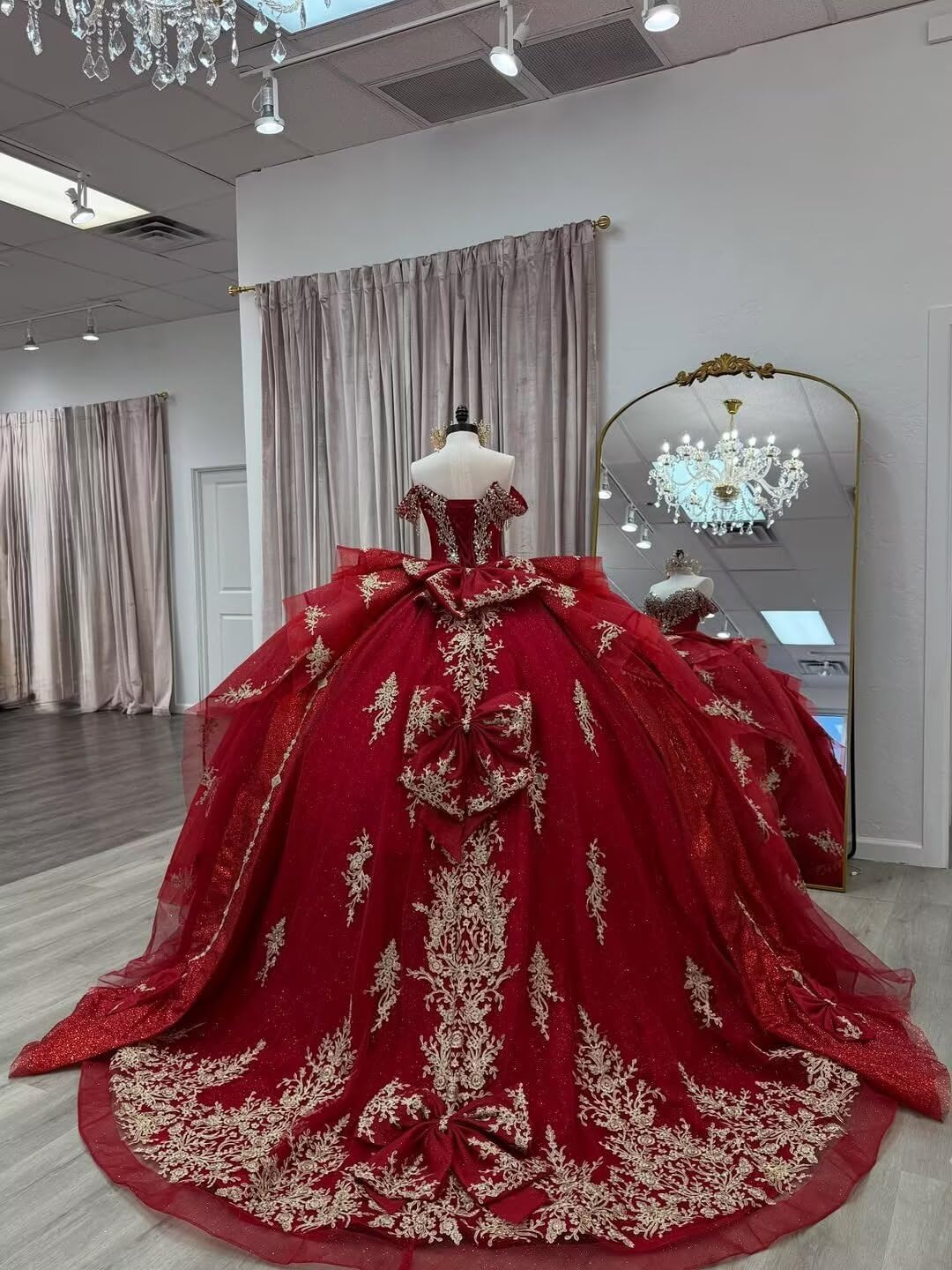 Mouccy Sparkly Gold Appliques Quinceanera Dresses with Tassels Lace Off Shoulder Sweet 16 Dress with Bow Beaded Ball Gown