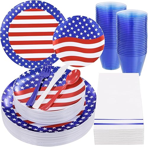 GATHER 175 platos del 4 de julio, cubiertos de plástico azul, blanco y rojo y copas azules transparentes, platos de plástico de la bandera