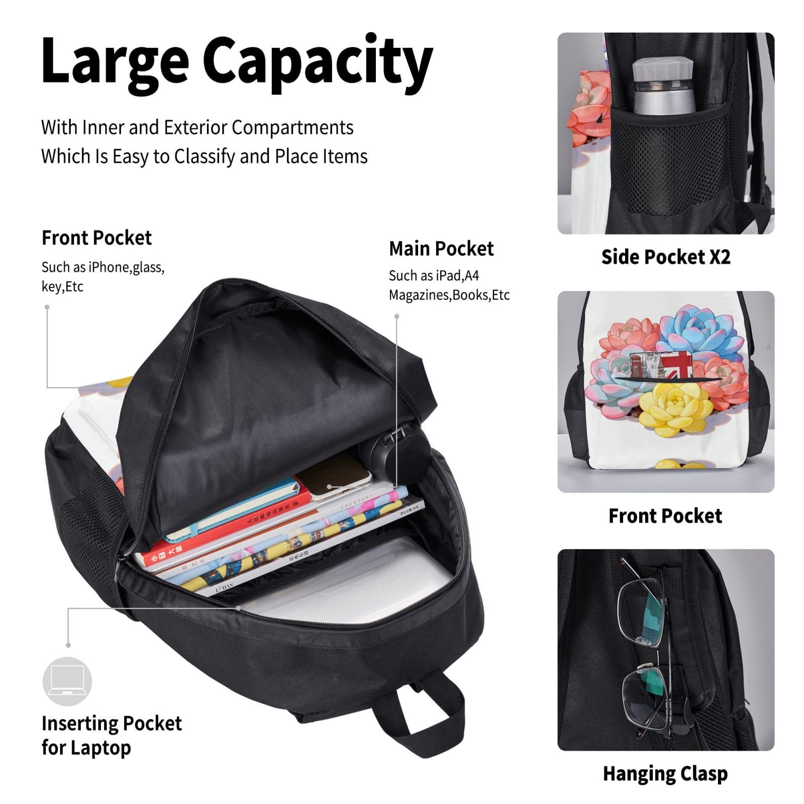 Borsa per il pranzo con zaino da giardino succulento Set 3 in 1 borsa da viaggio per pendolari, borsa termica per il pranzo per lavoro con custodia per laptop