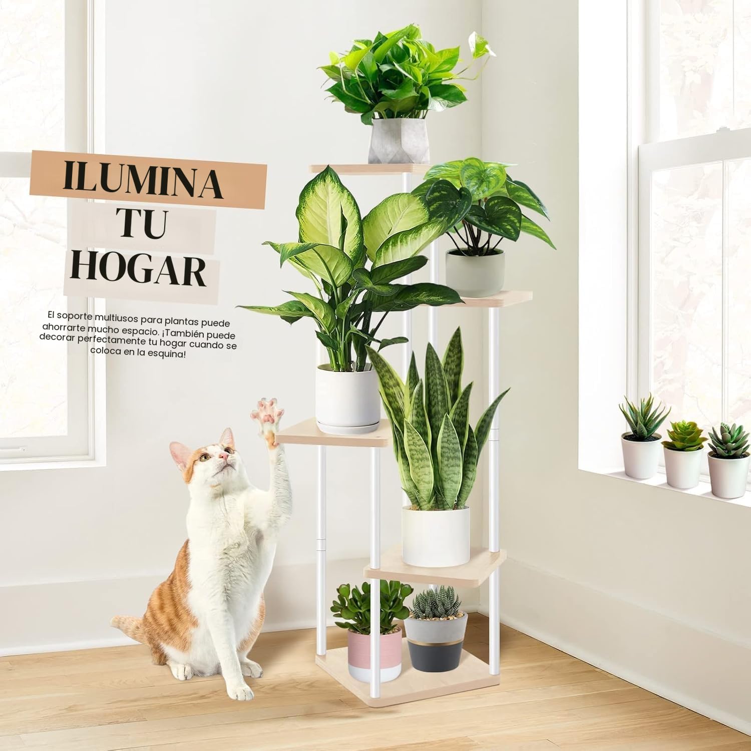 KAHEIGN 5 Niveles Soporte para Plantas de Interior, 106CM Alto Estante para Plantas de Exterior Expositor de Madera para Plantas para Patio Balcón Boho Hogar Jardín Plantas Maceta Decoración (Blanco)