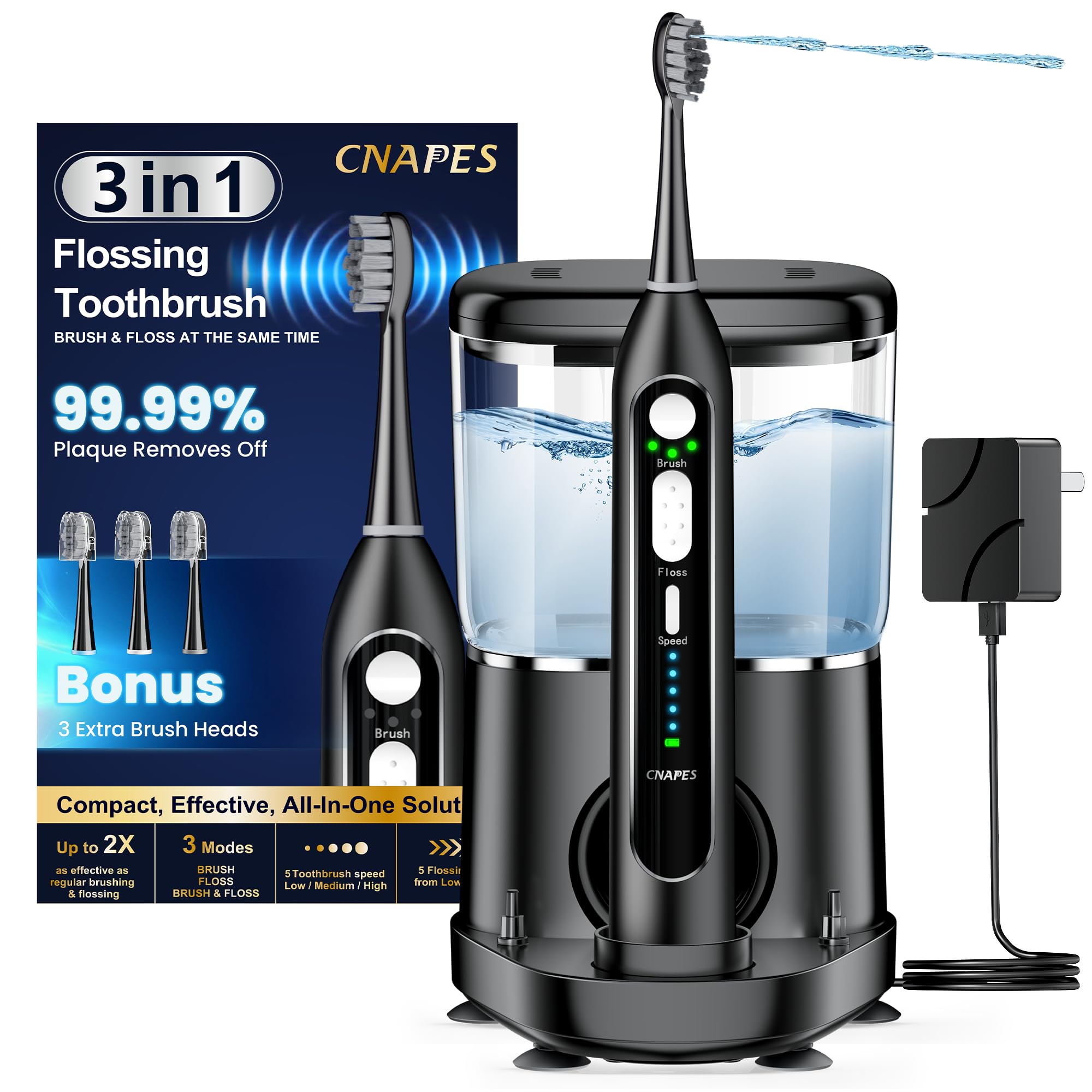 Electric Toothbrush with Water Flosser 3-in-1 Combo Professional Sonic Toothbrush for Adults 3 Brush Modes 5 Floss Speeds
